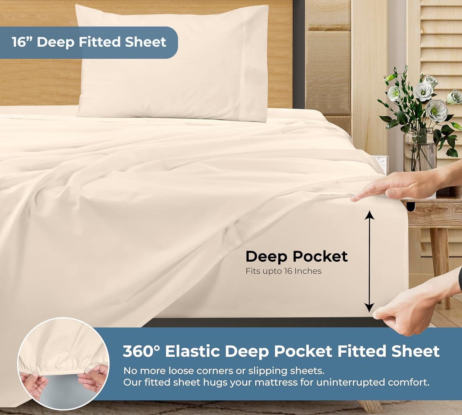 ROYALE LINENS Jogo de lençol solteiro 100% algodão orgânico - tecido percal - conjunto de 3 peças - 1 lençol de cima, 1 lençol com elástico profundo e 1 fronha - Lençóis de cama creme - solteiro - Imagem 4