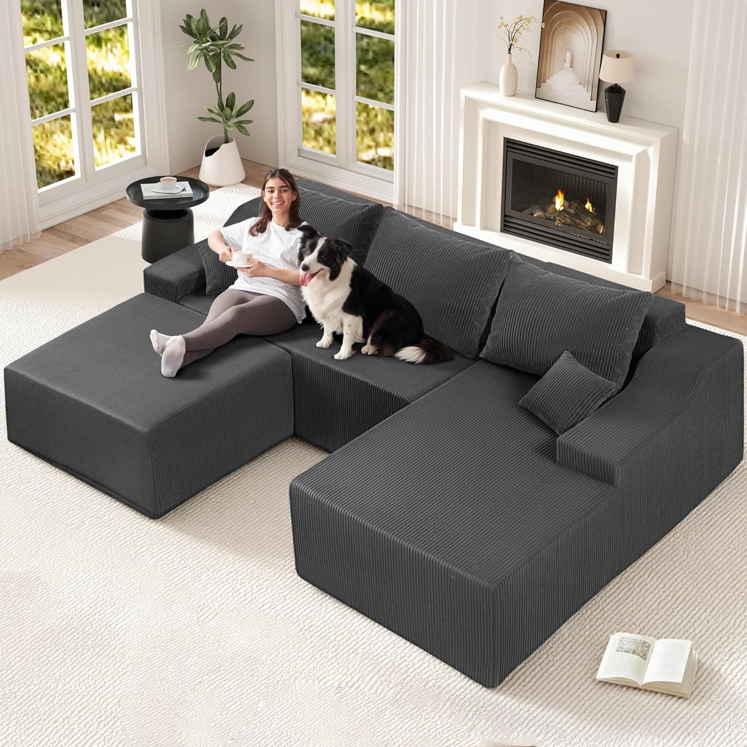 HABUTWAY Sofá secional modular em forma de U para sala de estar, sofá de nuvem modular com otomano, sofás sem ossos sem montagem com assento profundo, tecido de veludo cotelê (cinza, voltado para a
