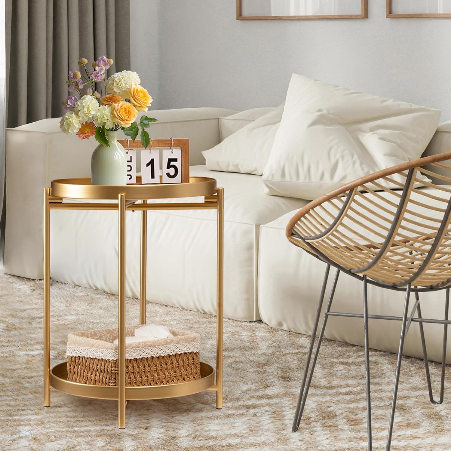 TeoKJ Mesa lateral redonda de 2 níveis, mesa de cabeceira pequena dobrável de metal com duas bandejas removíveis para quarto, sala de estar, cabeceira, espaços pequenos, dourado - Imagem 3