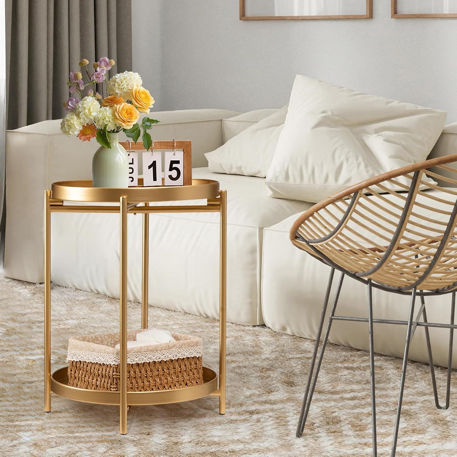 TeoKJ Mesa lateral redonda de 2 níveis, mesa de cabeceira pequena dobrável de metal com duas bandejas removíveis para quarto, sala de estar, cabeceira, espaços pequenos, dourado - Imagem 3