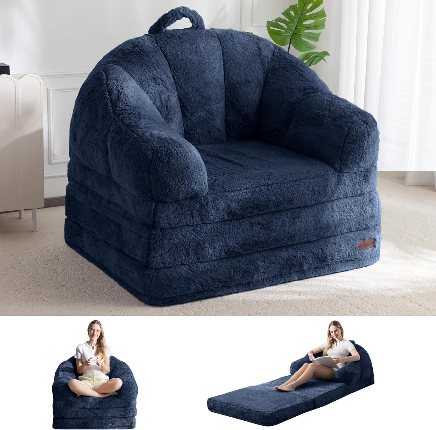MAXYOYO Sofá-cama dobrável, sofá conversível 2 em 1 para espreguiçadeira confortável para adultos, sofá-cama de chão com alça, sofá-cama de pele sintética para sala de estar, quarto, azul marinho