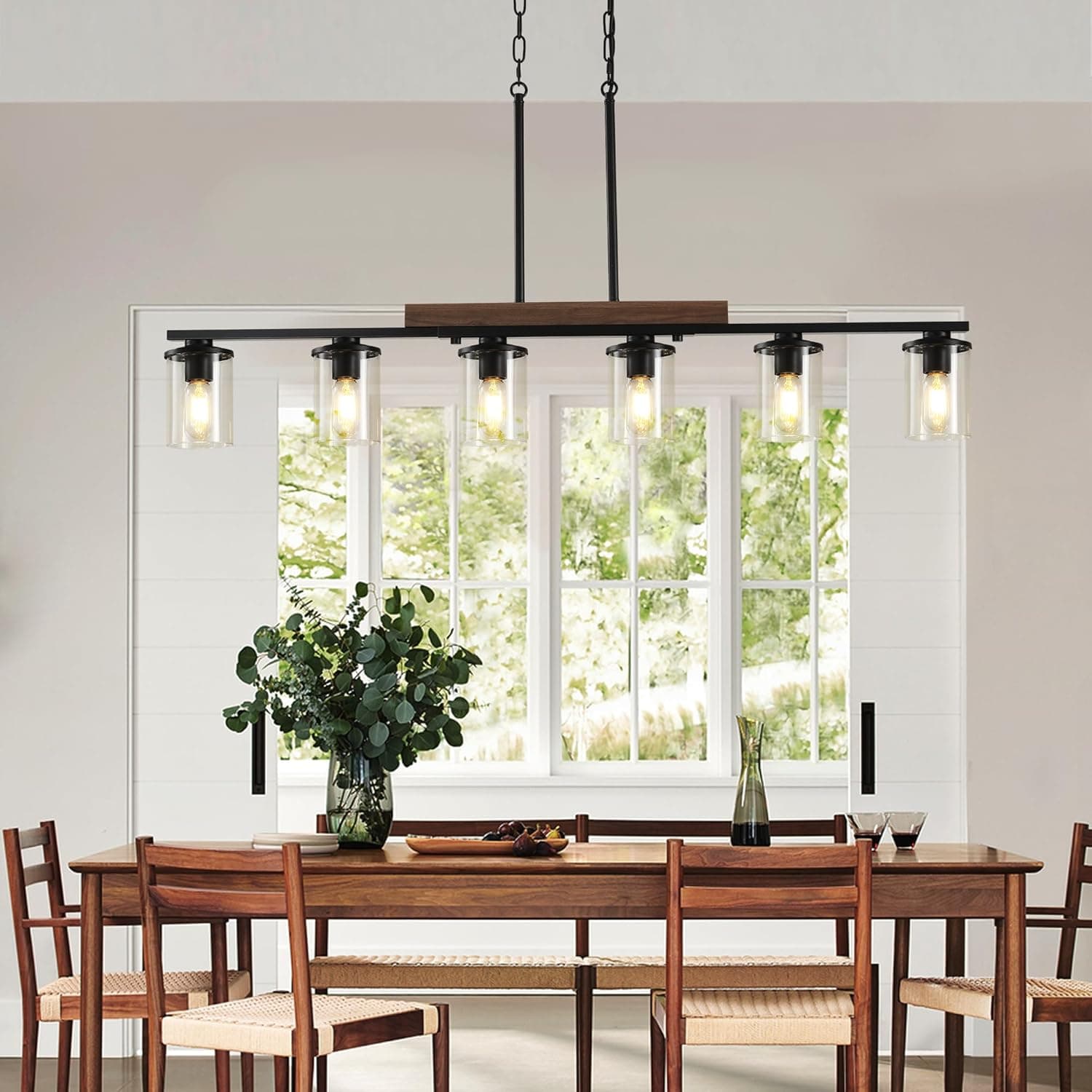 Luminárias de ilha de cozinha de 118 cm, lustre de 6 luzes para sala de jantar sobre mesa, luminária pendente de teto de madeira rústica moderna preta, com sombra de vidro transparente, lustre de - Imagem 3