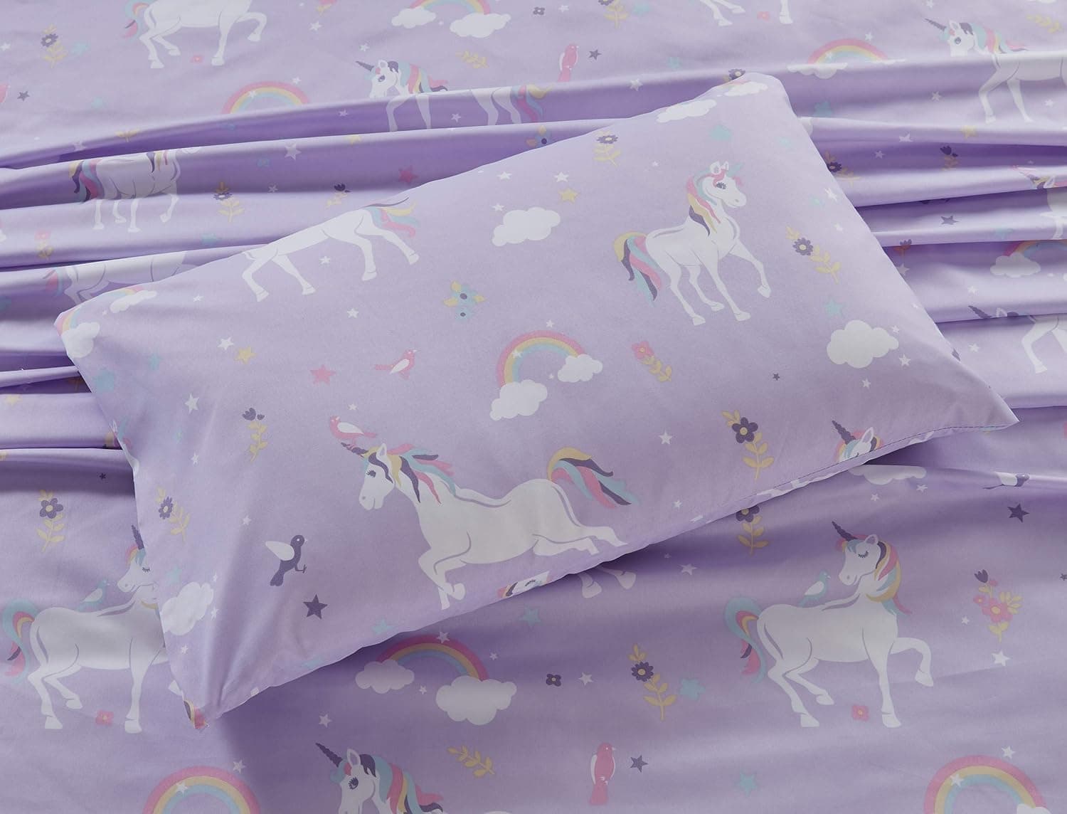 Linen Plus Conjunto de lençóis para crianças/adolescentes unicórnio pássaro estrela flor nuvem lilás roxo rosa amarelo branco novo # unicórnio lilás (vinho) - Imagem 4