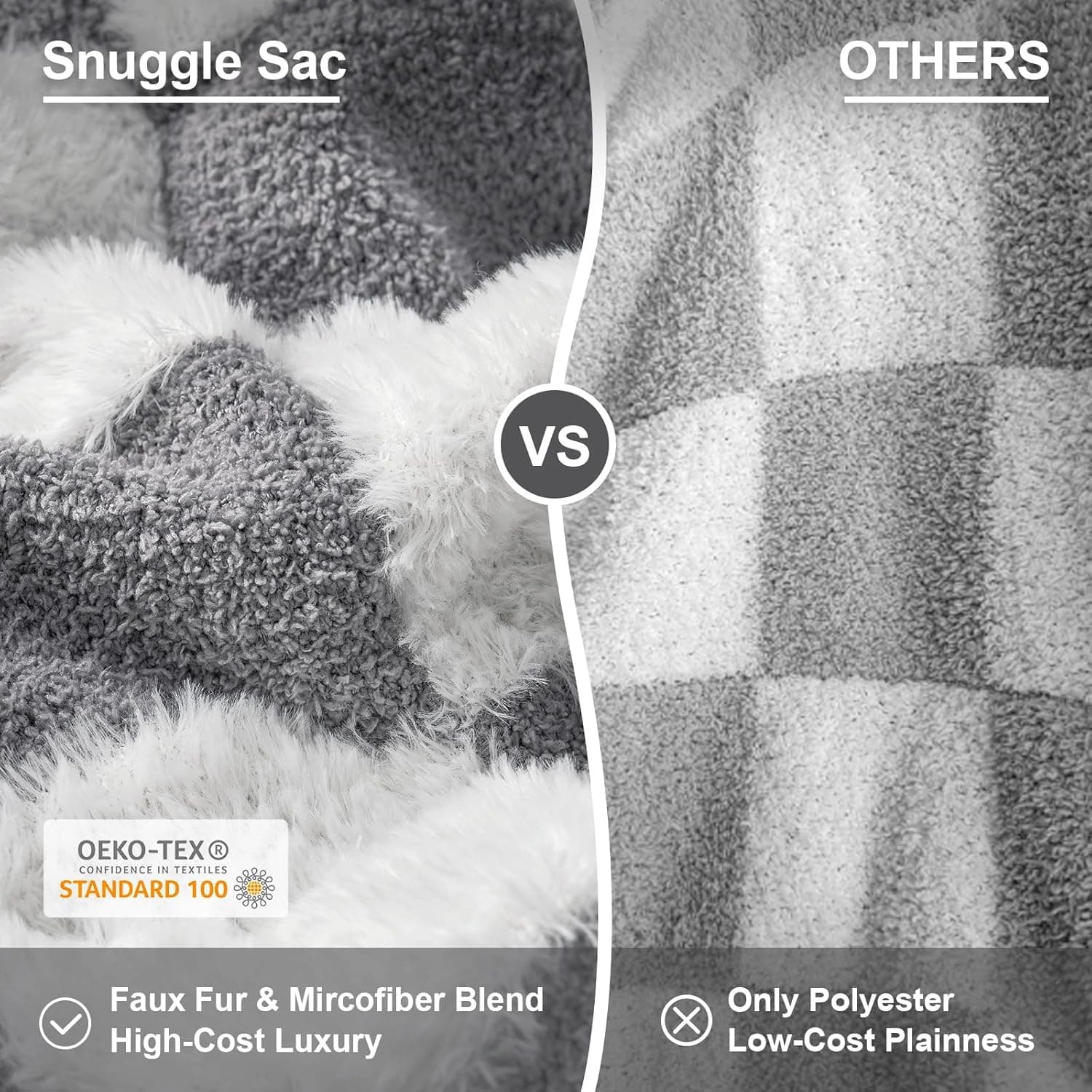 Snuggle Sac Cobertor xadrez de pele sintética tamanho solteiro com tecido de microfibra de malha macia, cobertor aconchegante e quente para sofá, quarto, sala de estar, xadrez cinza, 152 x 203 cm, - Imagem 3