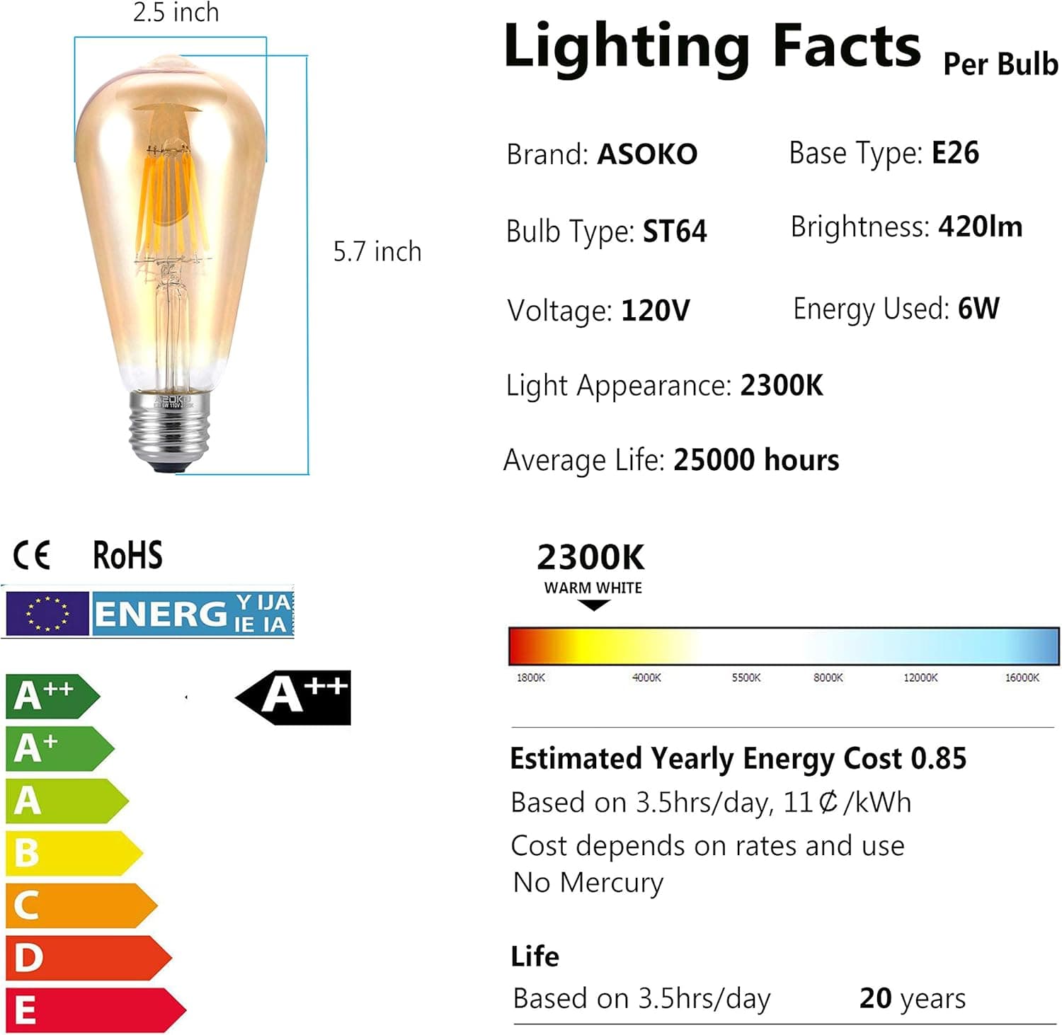 ASOKO Lâmpadas LED Edison vintage reguláveis de LED 6W estilo antigo Edison, 2300K branco quente (vidro dourado âmbar), lâmpada vintage de filamento quadrado gaiola quadrada, ST64, base E26 (2300K-6W-6PCS) - Imagem 4