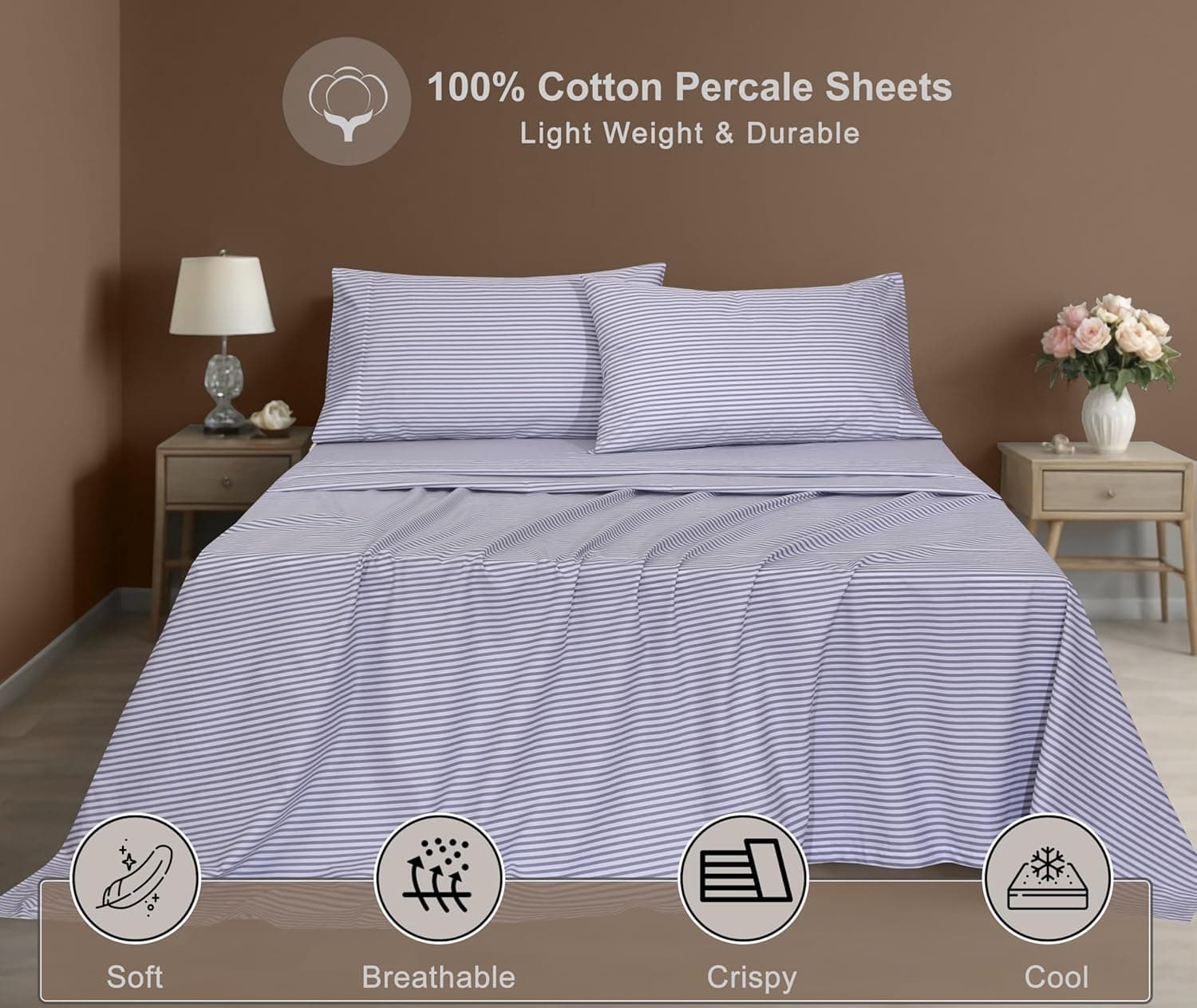 ZOYER Lençóis 100% algodão – Cama percal King Size, refrescante e respirável, durável com uma sensação nítida, macia e confortável, bolso profundo de 40,6 cm, conjunto de 4 peças, listras cinza - Imagem 4