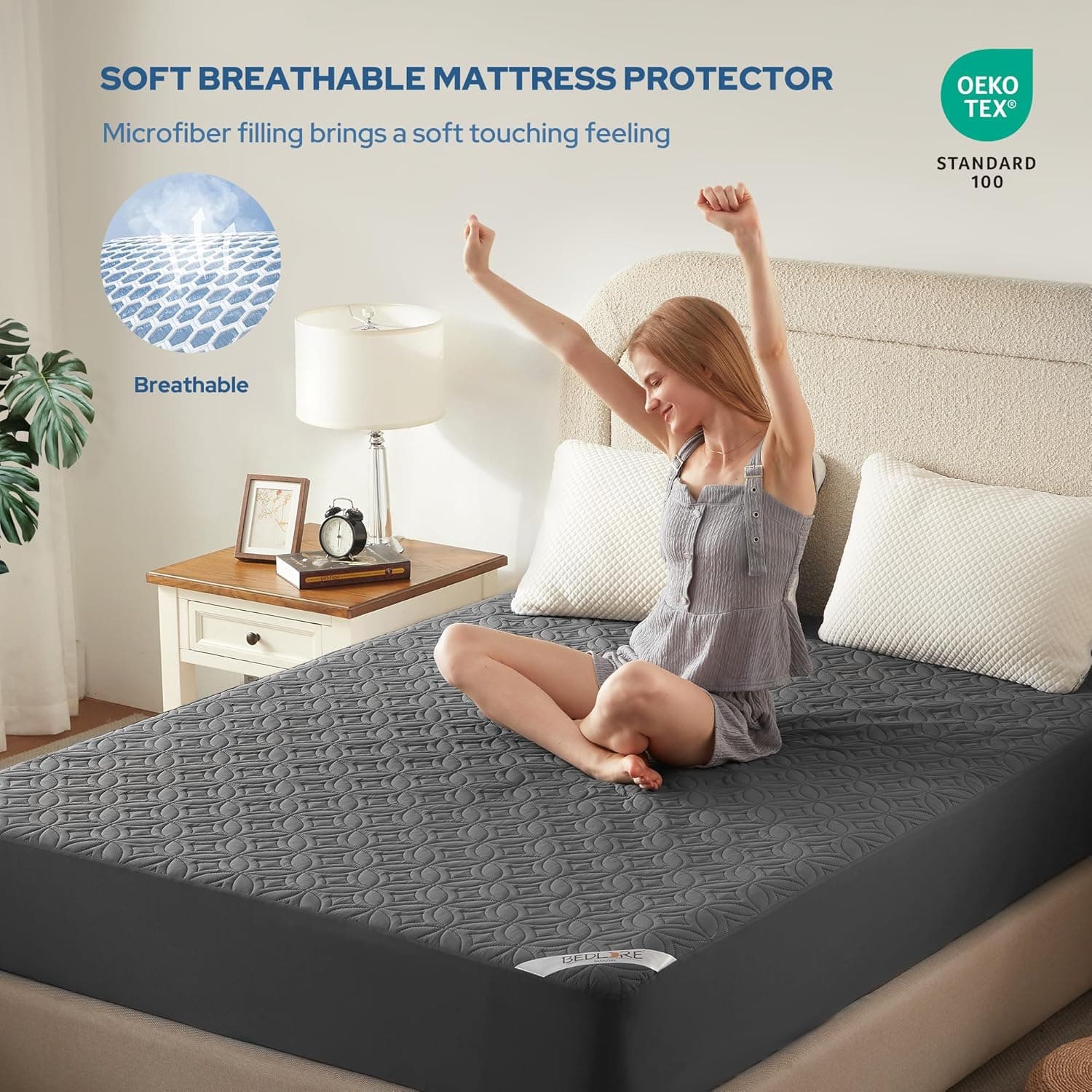 BEDLORE Protetor de colchão impermeável, queen size, silencioso, com bolso profundo de 15 a 45 cm de profundidade, macio e respirável à prova de sujeira, lavável para casa, quarto, hotel (cinza) - Imagem 4