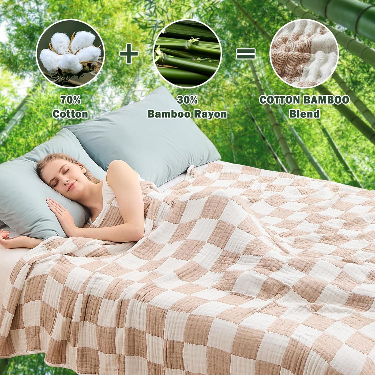 Cobertor xadrez EMME para sofá, de algodão macio refrescante, respirável, de musselina, 127 x 152 cm, leve, respirável, cobertor de escumilha refrescante e macio para todas as estações, caramelo-claro - Imagem 3