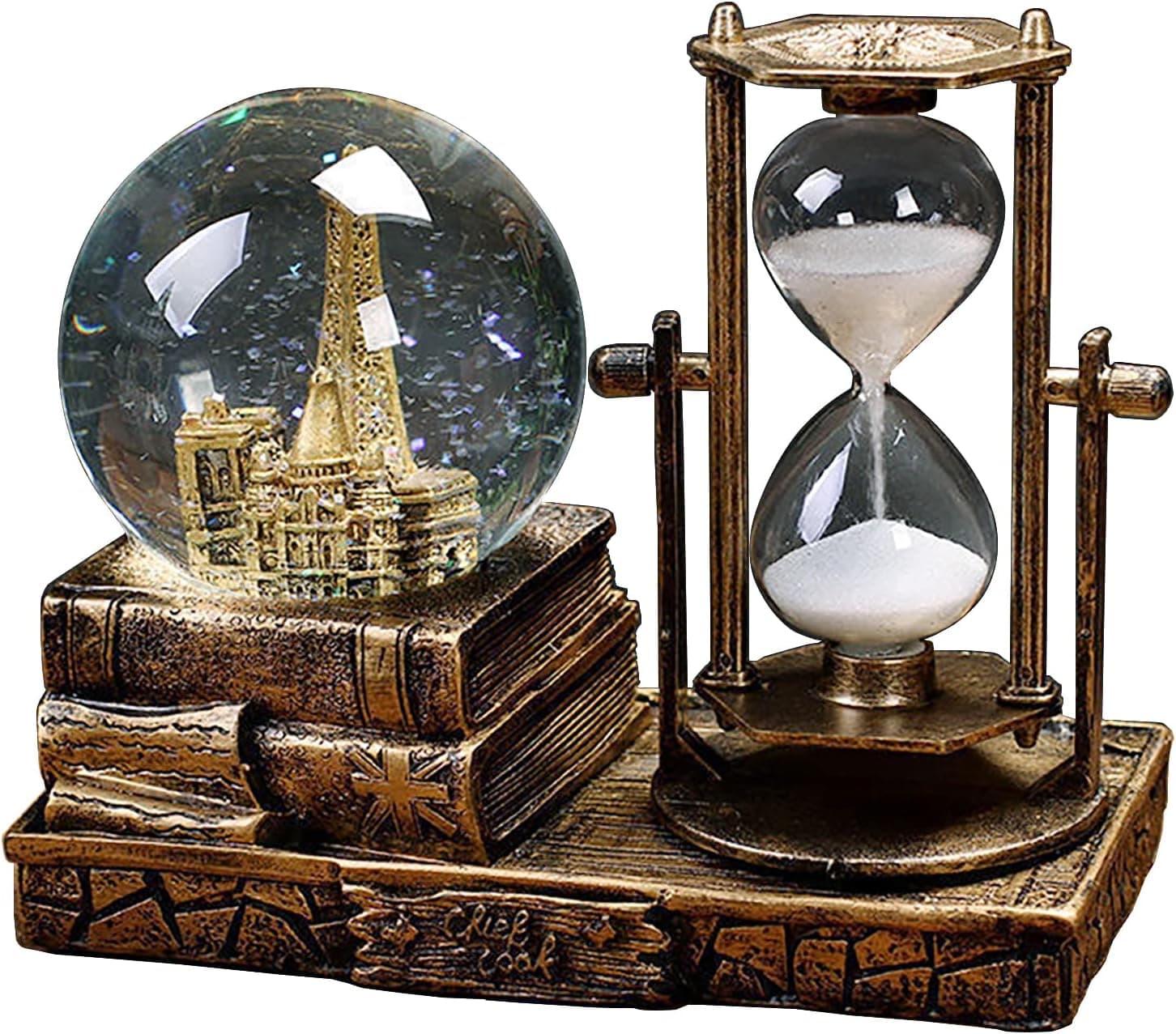 Elemento decorativo com bola de neve de cristal, música, LED, ampulheta, torre Eiffel de Paris vintage, decoração para sala de estar, quarto, estante, móvel de TV, centro de mesa (B - latão)