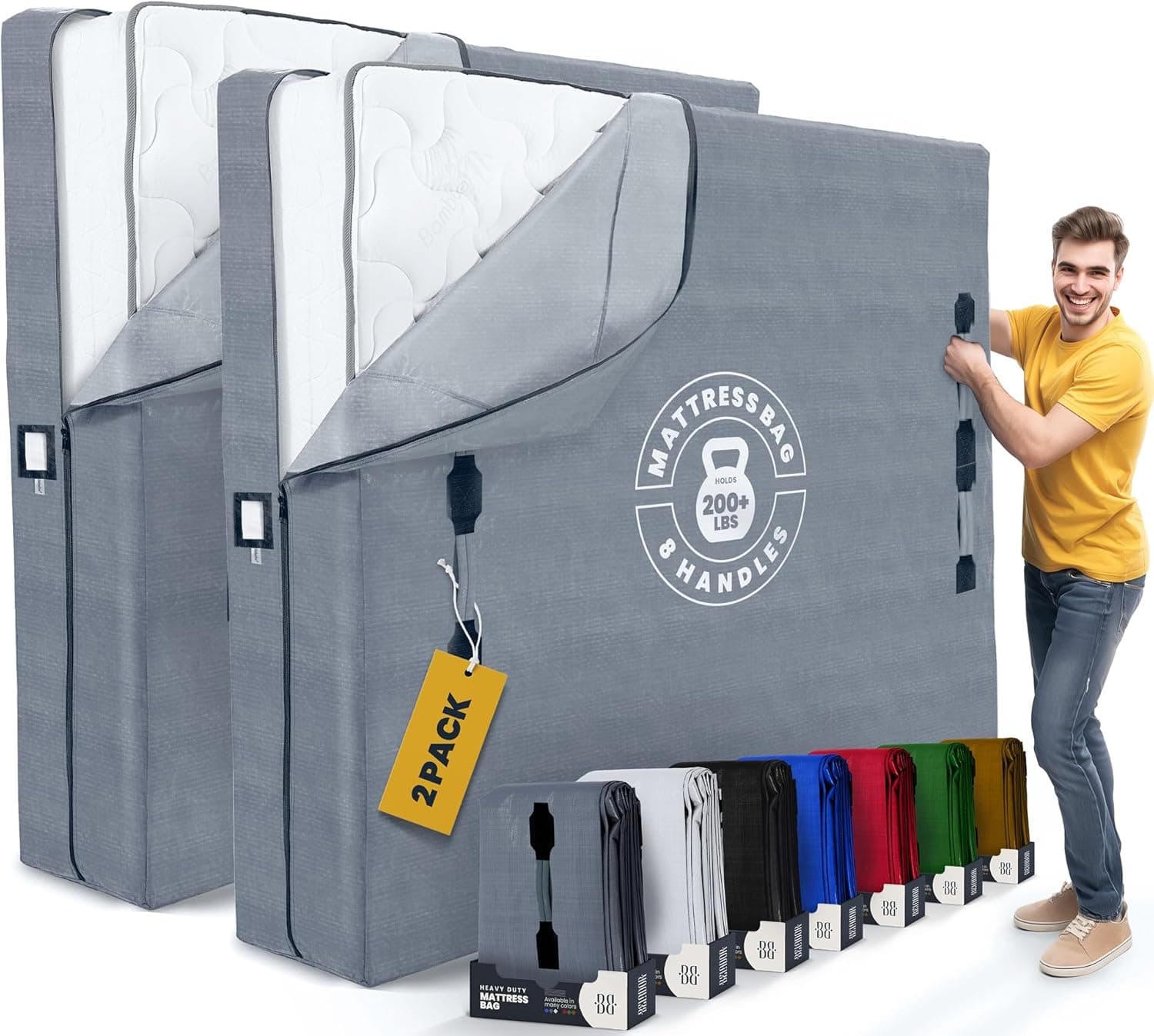 Sacos de colchão para mudança com 8 alças King – Pacote com 2 sacos de colchão extragrossos para mudança – Bolsa de armazenamento de colchão reutilizável – Capa de colchão com zíper para movimento,
