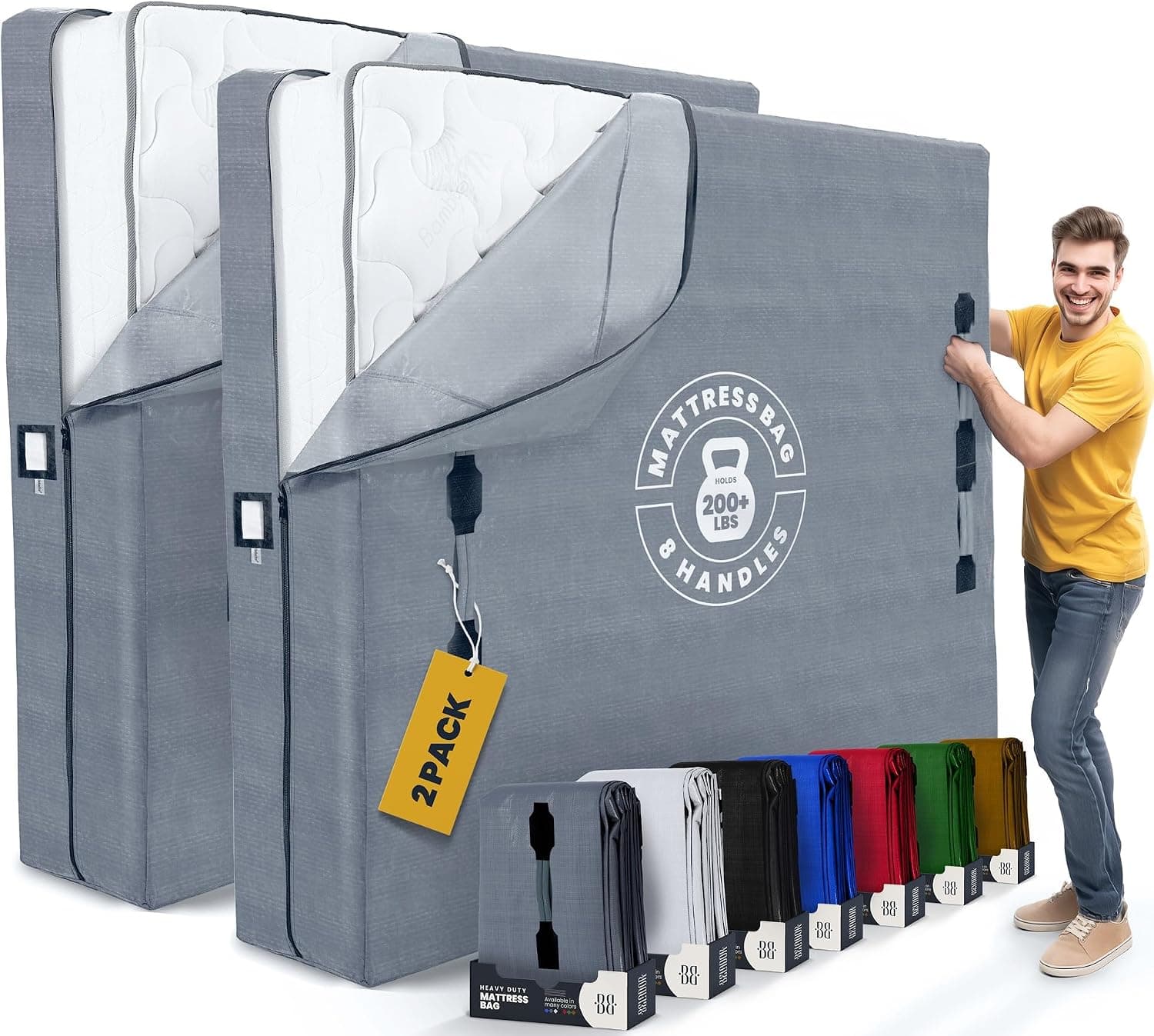 Sacos de colchão para mudança com 8 alças King – Pacote com 2 sacos de colchão extragrossos para mudança – Bolsa de armazenamento de colchão reutilizável – Capa de colchão com zíper para movimento,