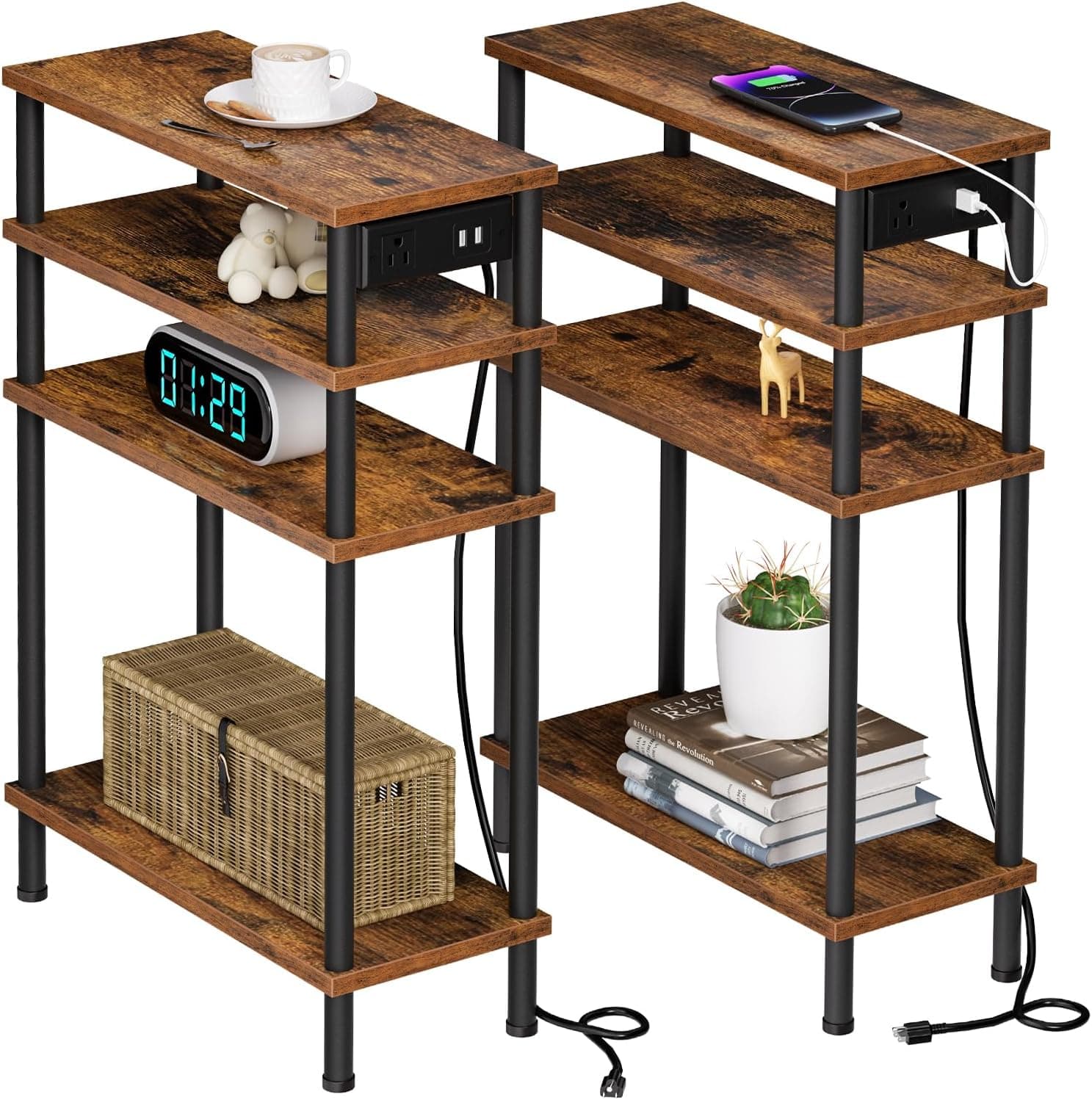 Mesa lateral estreita com estação de carregamento, 4 camadas pequenas e finas mesas de canto para sala de estar, conjunto de 2 com portas USB, mesinhas de cabeceira finas para quartos
