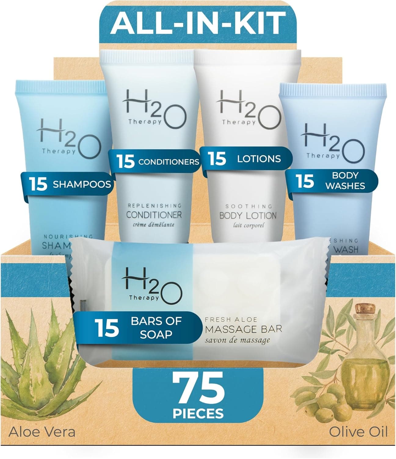 H2O Therapy Hotel Soaps & Toiletries Bulk Set,1-Shoppe Amenities Kit,0.85oz Shampoo & Conditioner, Body Wash, Lotion, 1oz Bar Soap,Travel Size,75 Pieces