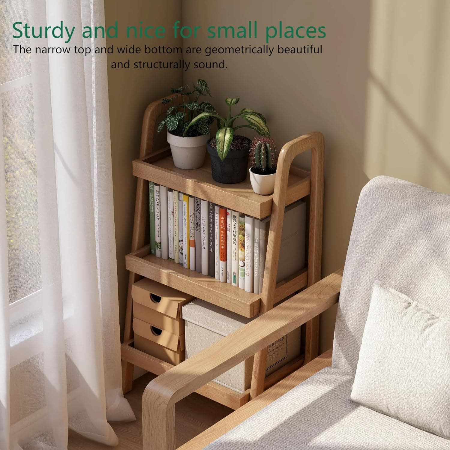 Prateleira de escada 100% carvalho maciço de 3 camadas para economizar espaço, mesa de cabeceira alta com moldura estável para quarto, mesa lateral pequena para sala de estar e escritório - Imagem 4