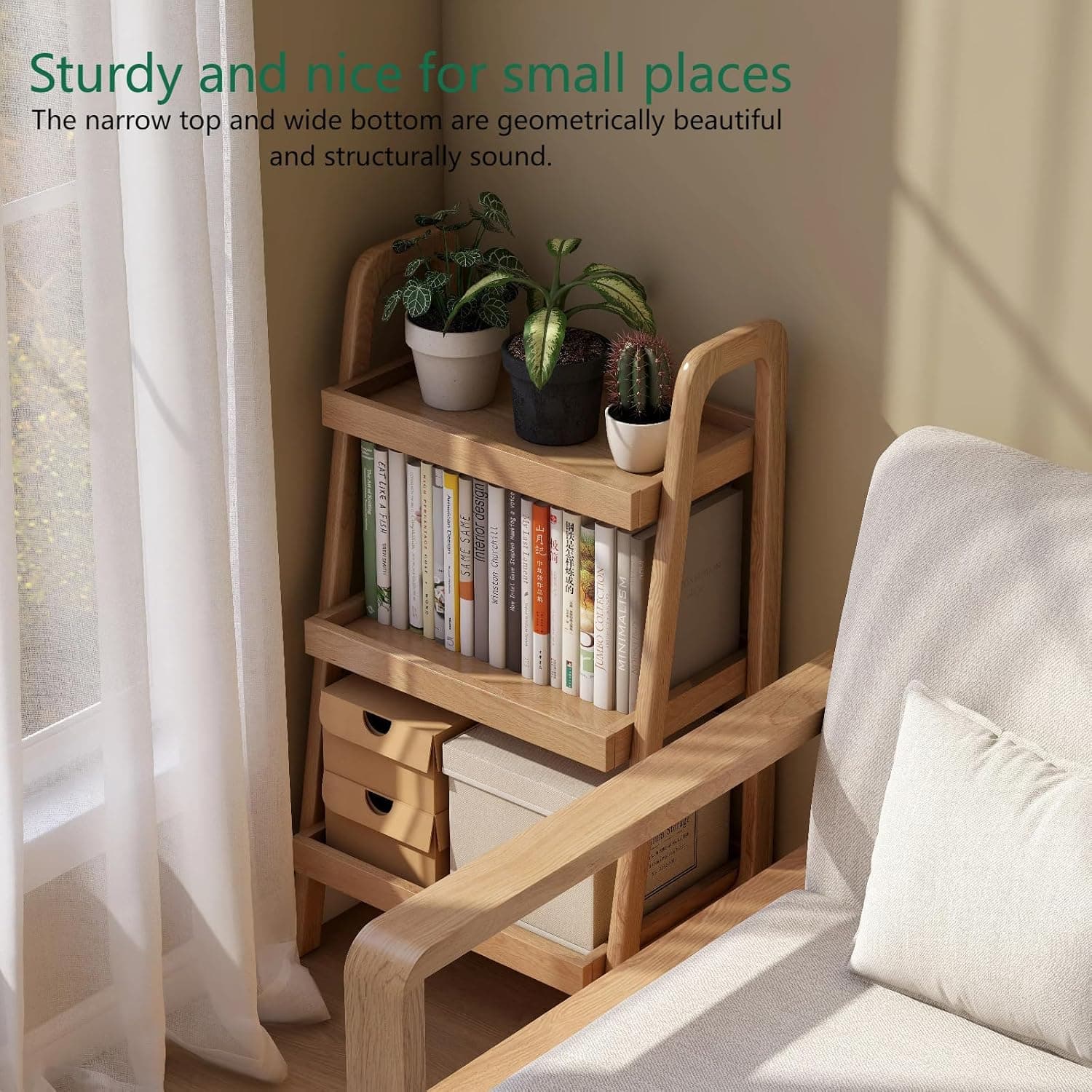 Prateleira de escada 100% carvalho maciço de 3 camadas para economizar espaço, mesa de cabeceira alta com moldura estável para quarto, mesa lateral pequena para sala de estar e escritório - Imagem 4
