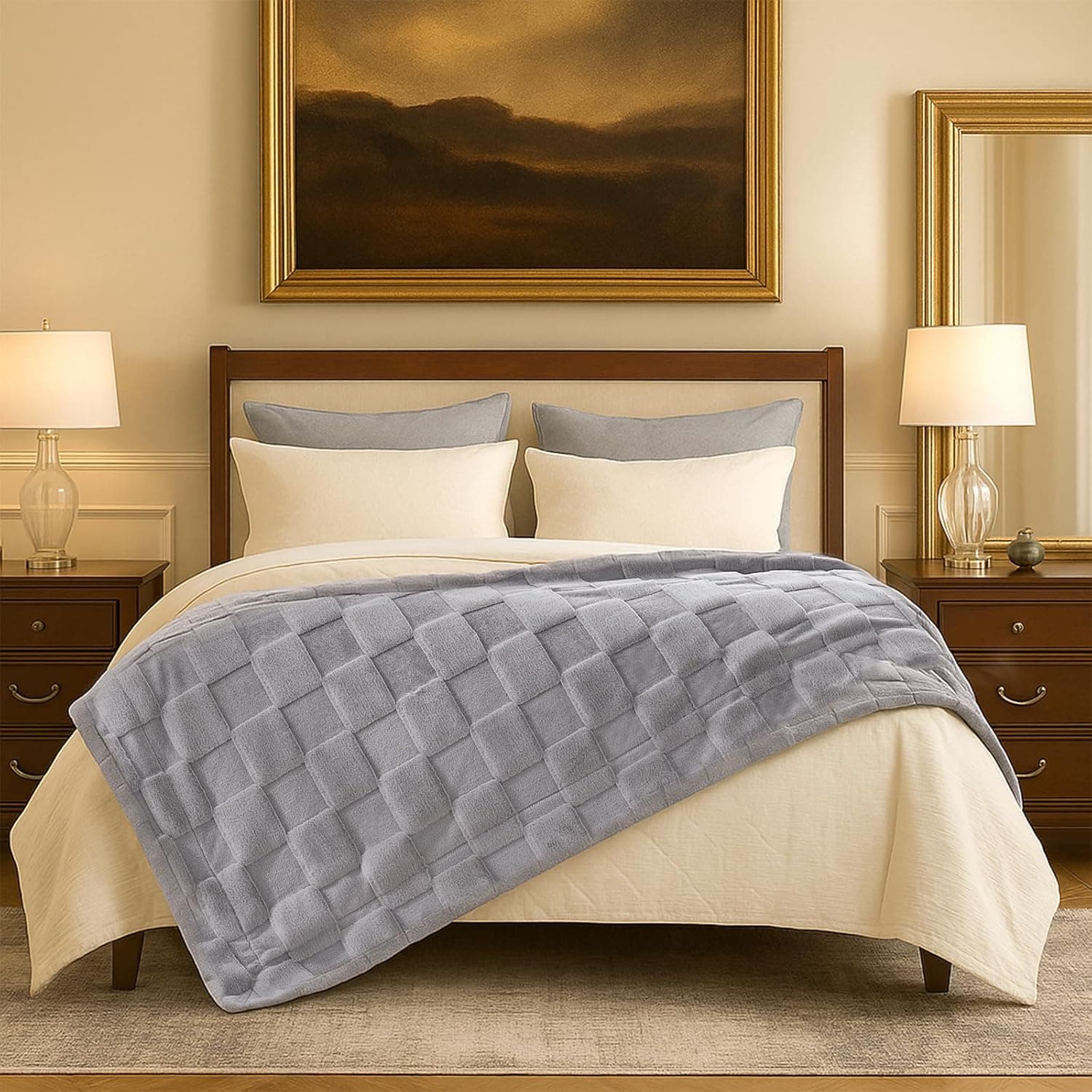 Cozy Bliss Cobertor solteiro de pele de coelho sintético xadrez para cama, cobertores macios e felpudos para mulheres e homens, manta de lã peluda para sofá quarto sala de estar (152 x 203 cm cinza