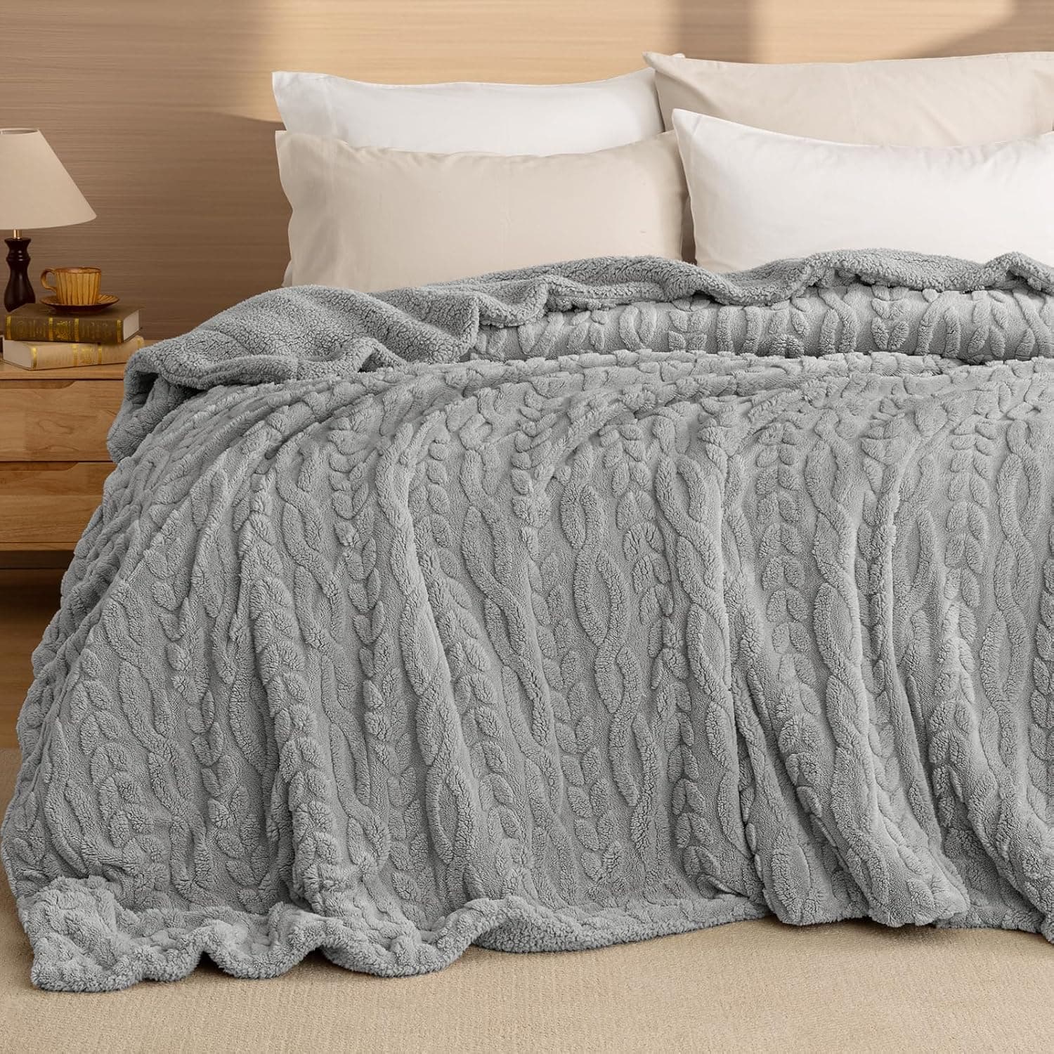 PHF Cobertor de lã sherpa king size, cobertor quente de 510 g/m2 Jacquard sherpa, cobertor felpudo macio e grosso para o inverno, cobertor de pelúcia de lã felpudo reversível para sofá, cama, cinza,