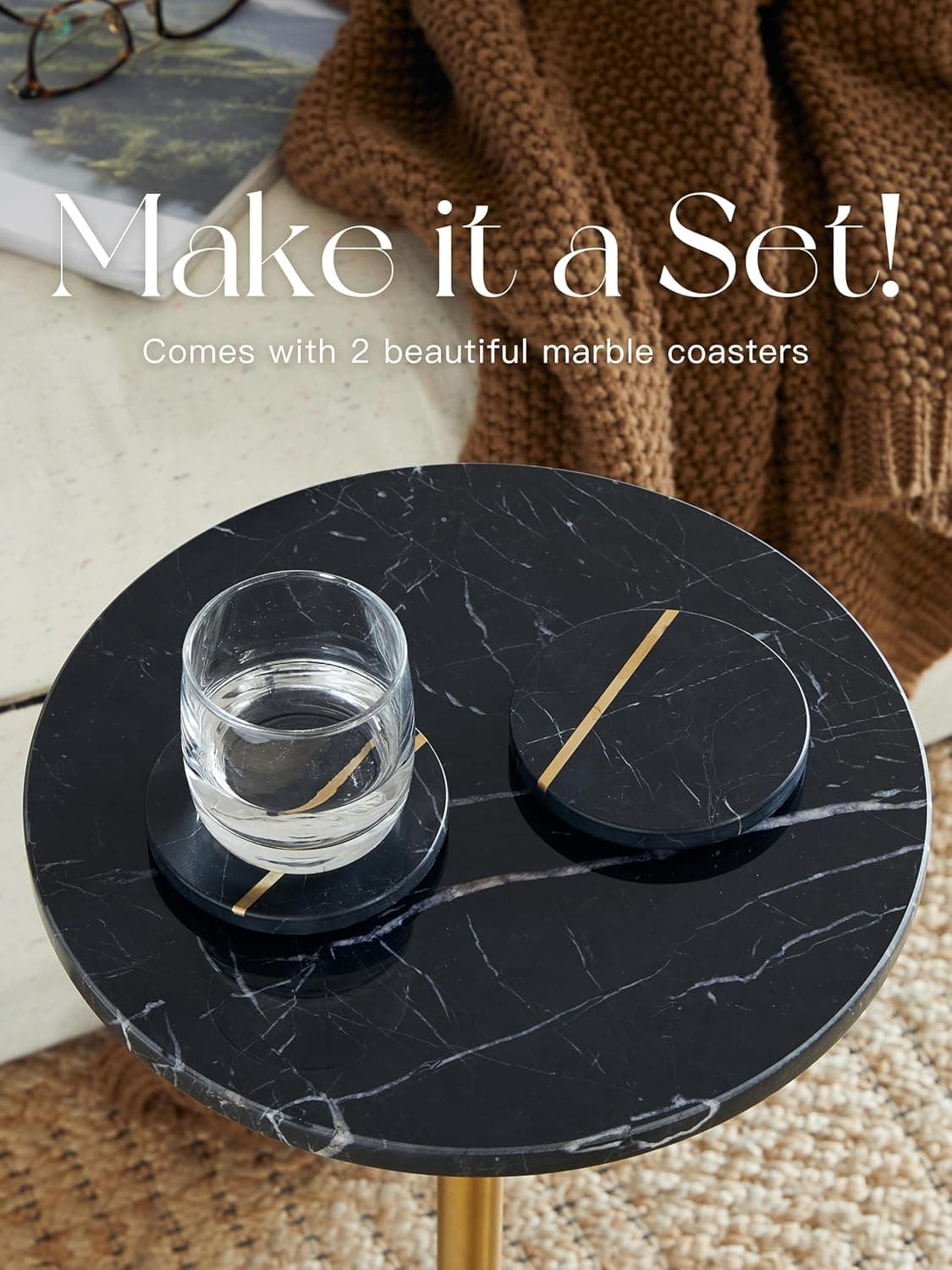 Mesa de bebida de mármore de altura ajustável – 30 x 30 x 56 – 76, mármore preto e latão antigo, mesa de canto redonda moderna, mesa lateral com suporte de pedestal para espaços pequenos, detalhe de - Imagem 3