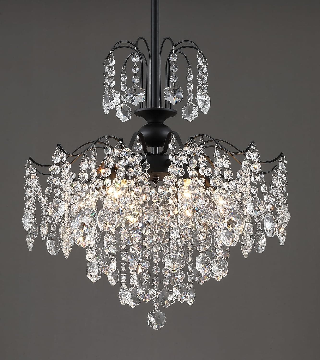 Q&S Lustre de cristal para sala de jantar, luz pendente de cristal preto moderno, 6 luzes para cozinha, ilha, entrada, banheiro, escritório, bar, listado pela UL