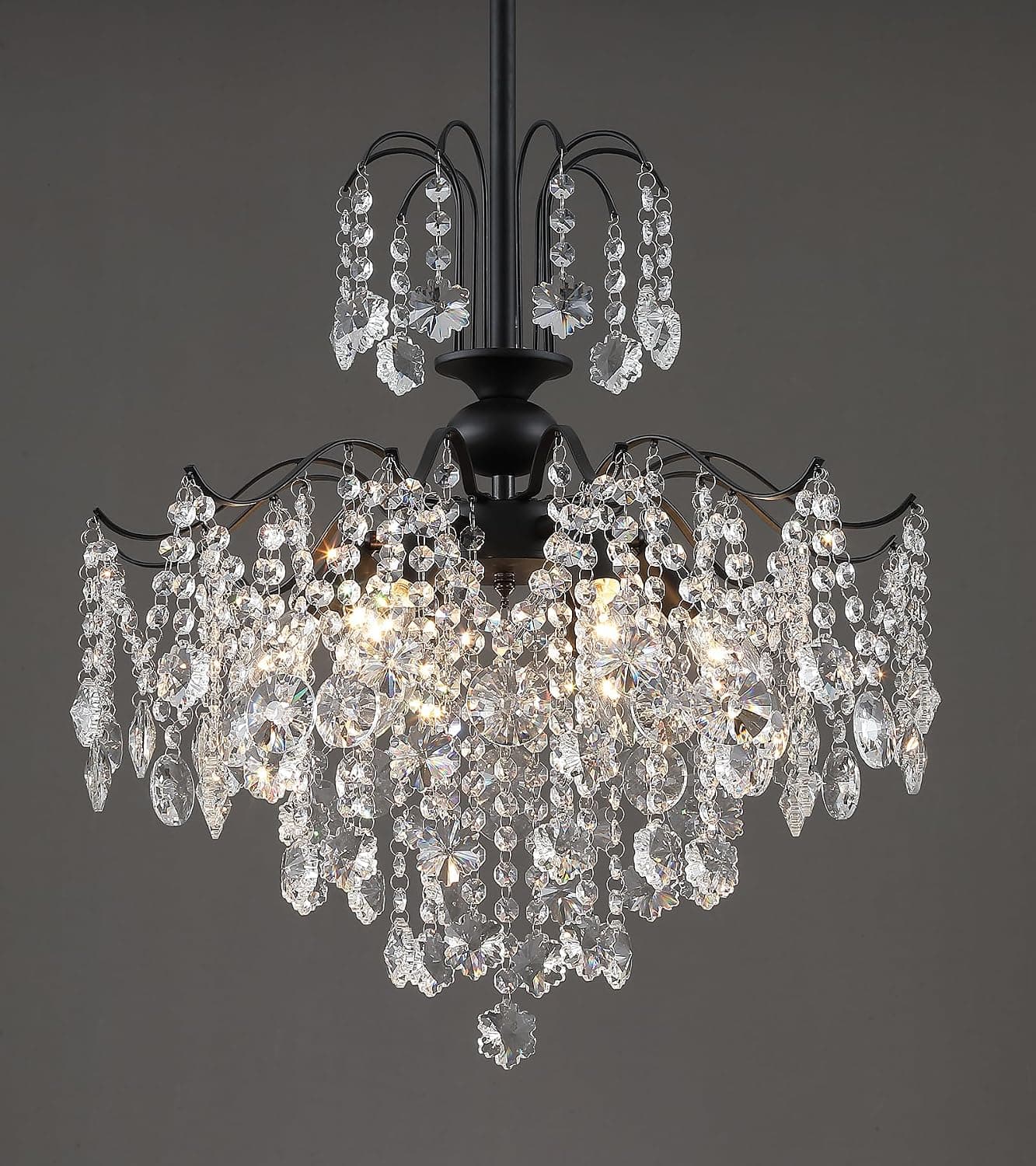 Q&S Lustre de cristal para sala de jantar, luz pendente de cristal preto moderno, 6 luzes para cozinha, ilha, entrada, banheiro, escritório, bar, listado pela UL