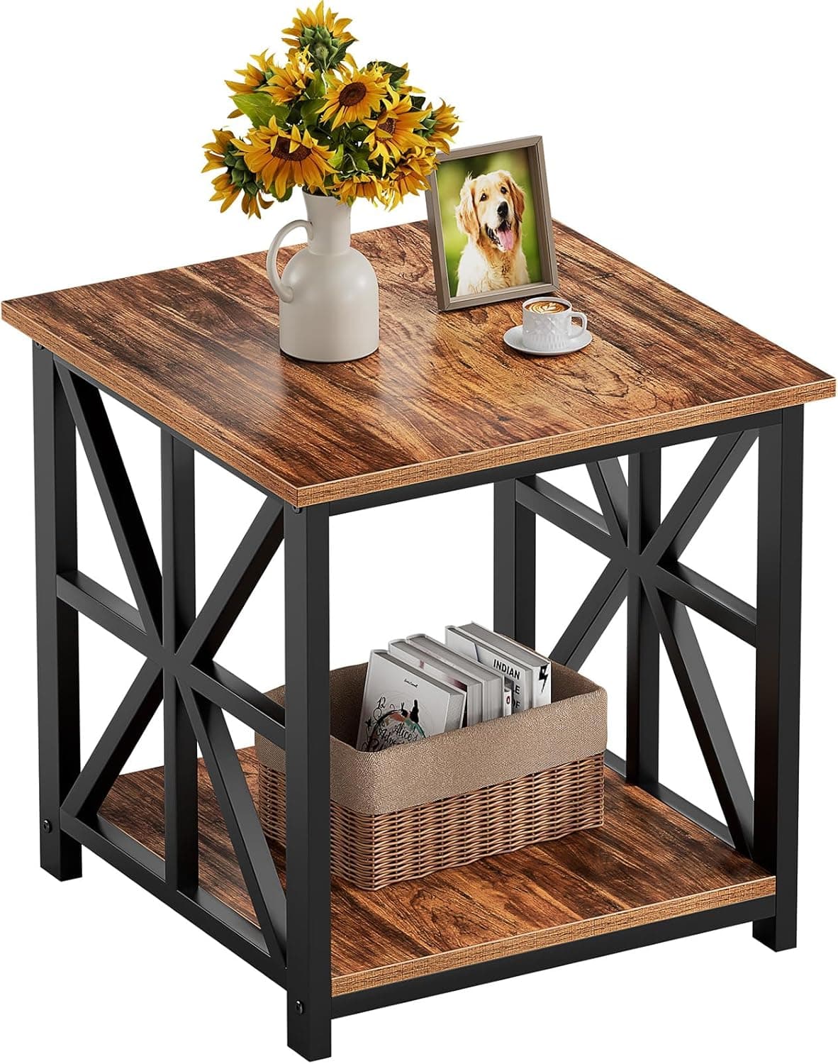 GreenForest Mesa de canto com prateleira de armazenamento de 2 camadas, mesa lateral grande de 61 cm para sala de estar, mesa de cabeceira moderna para quarto, cabeceira, escritório, quinta, nogueira