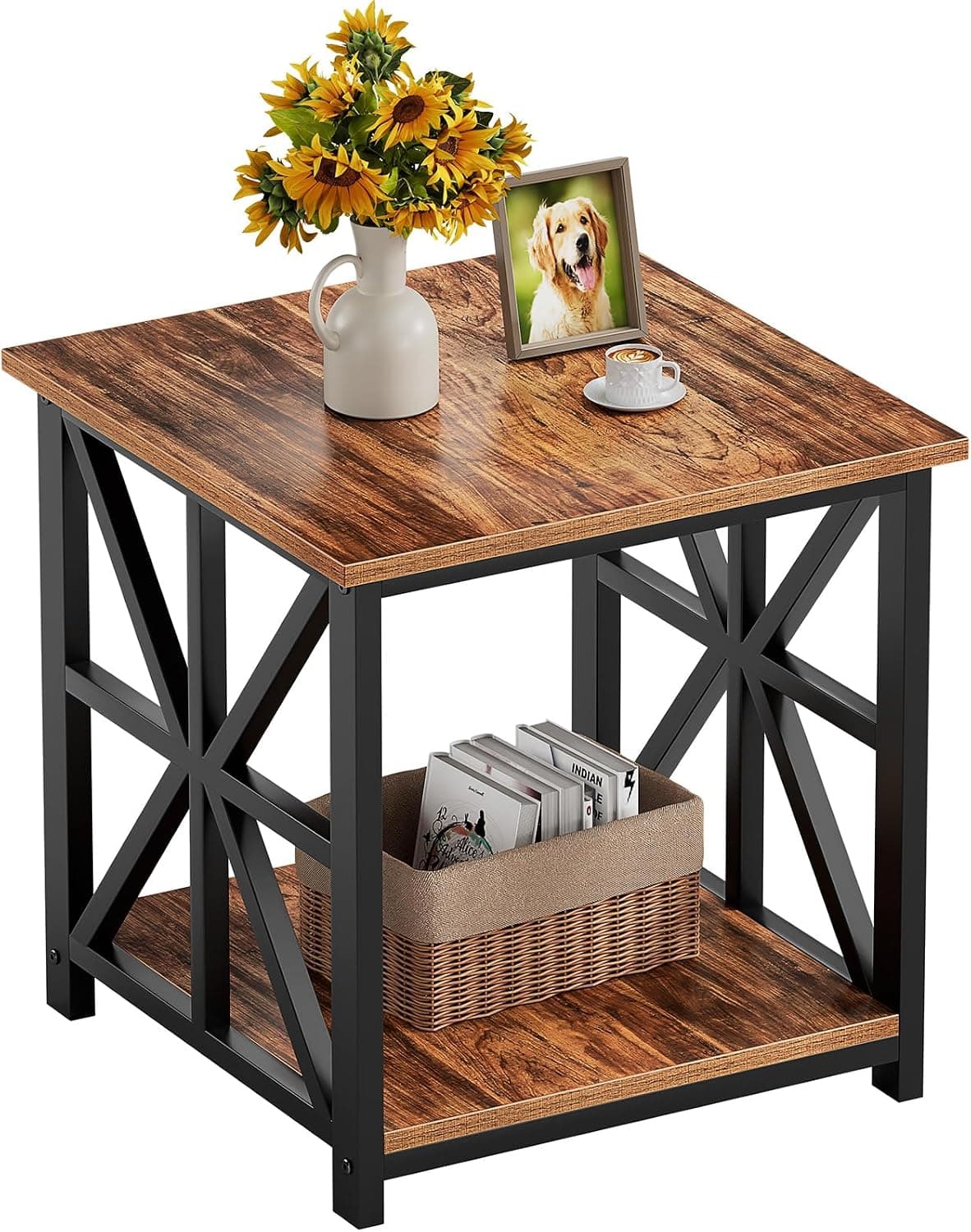 GreenForest Mesa de canto com prateleira de armazenamento de 2 camadas, mesa lateral grande de 61 cm para sala de estar, mesa de cabeceira moderna para quarto, cabeceira, escritório, quinta, nogueira