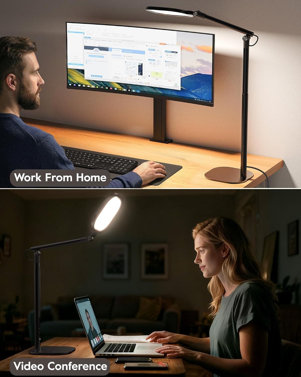 Lâmpadas de mesa de LED para escritório doméstico com base, lâmpada de mesa alta com 50 modos de luz e memória e temporizador, luminária de mesa ajustável flexível para videoconferência, arquiteto ou - Imagem 4
