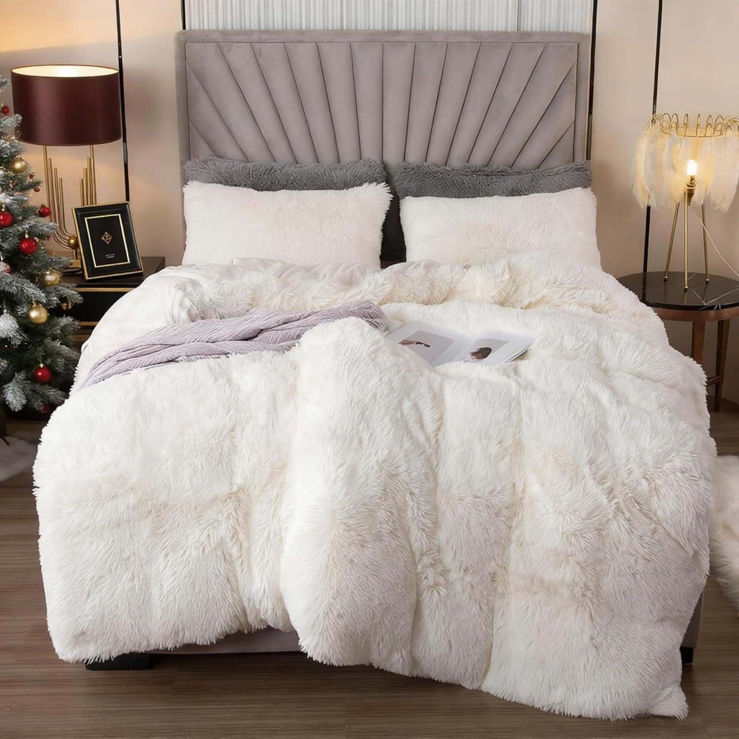 EMME Conjunto de capa de edredom de luxo branco felpudo King Size 3 peças para cama king size, capas de edredom macias e macias (branco, King)