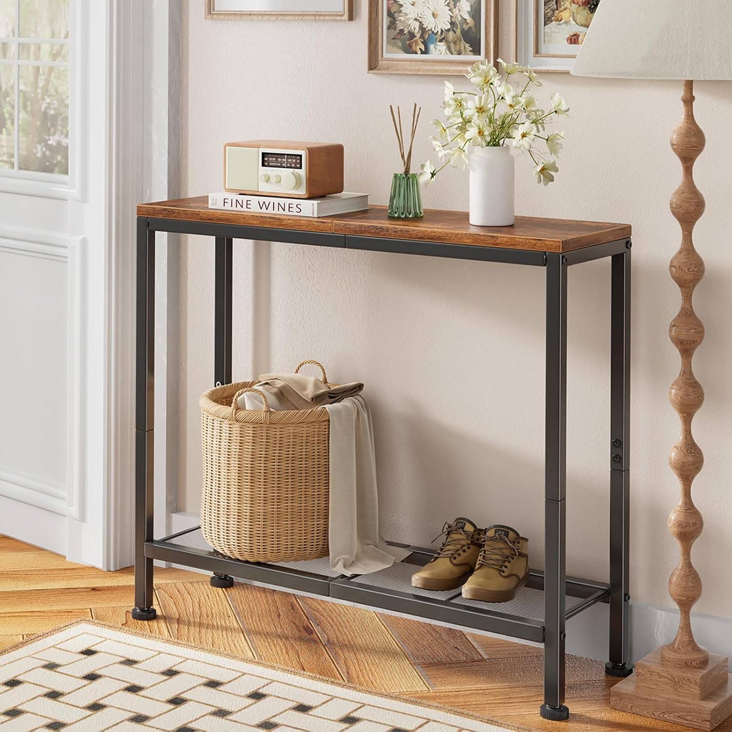 Simple Trending Mesa de console estreita, mesa de entrada de 81 cm, mesa lateral de sofá com prateleira de armazenamento, para exibição, sala de estar, corredor, marrom rústico