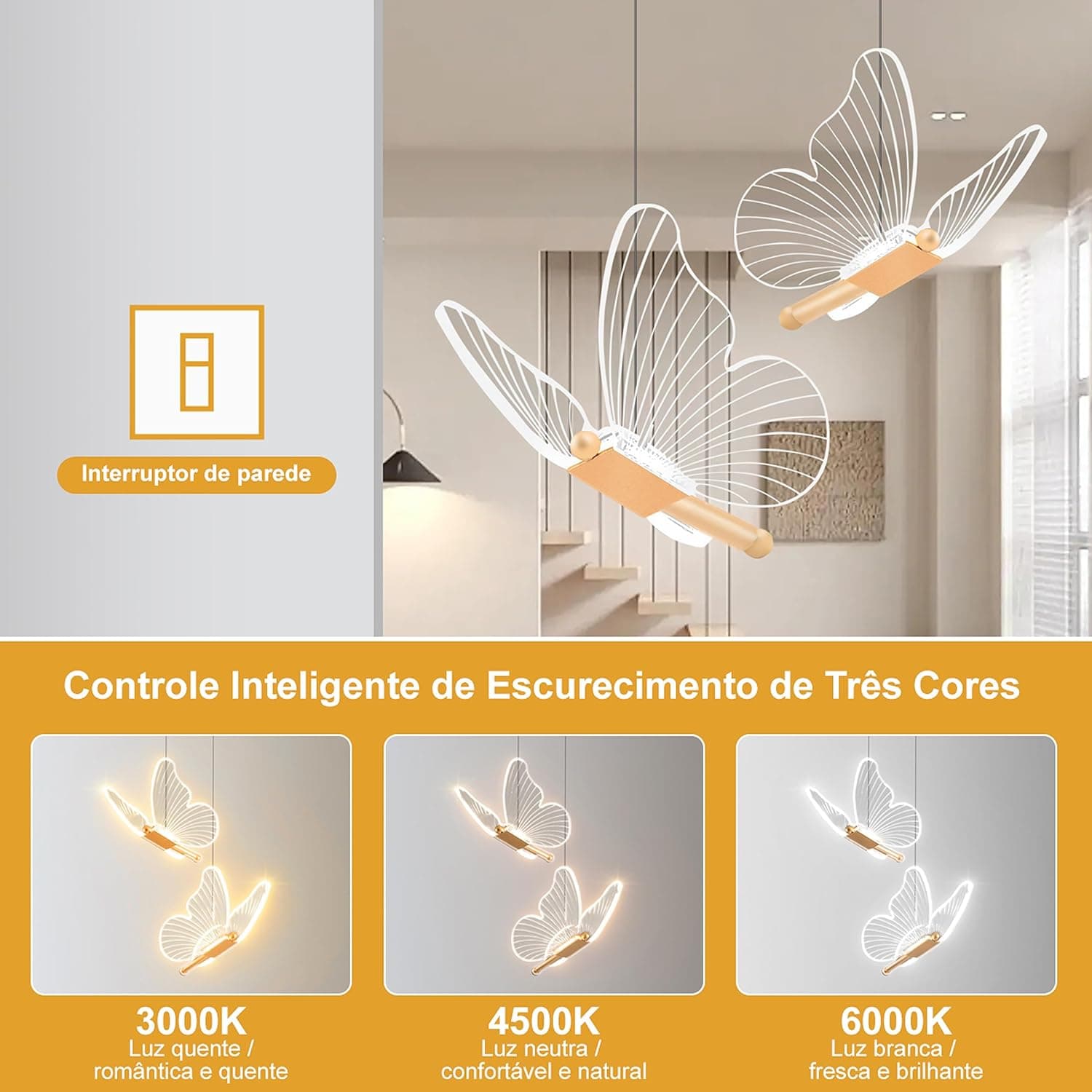 Lustre Pendente LED Two Butterflies, Luminária Pendente Ouro Com Temperatura Tricolor, 3000K-6000K - Imagem 4