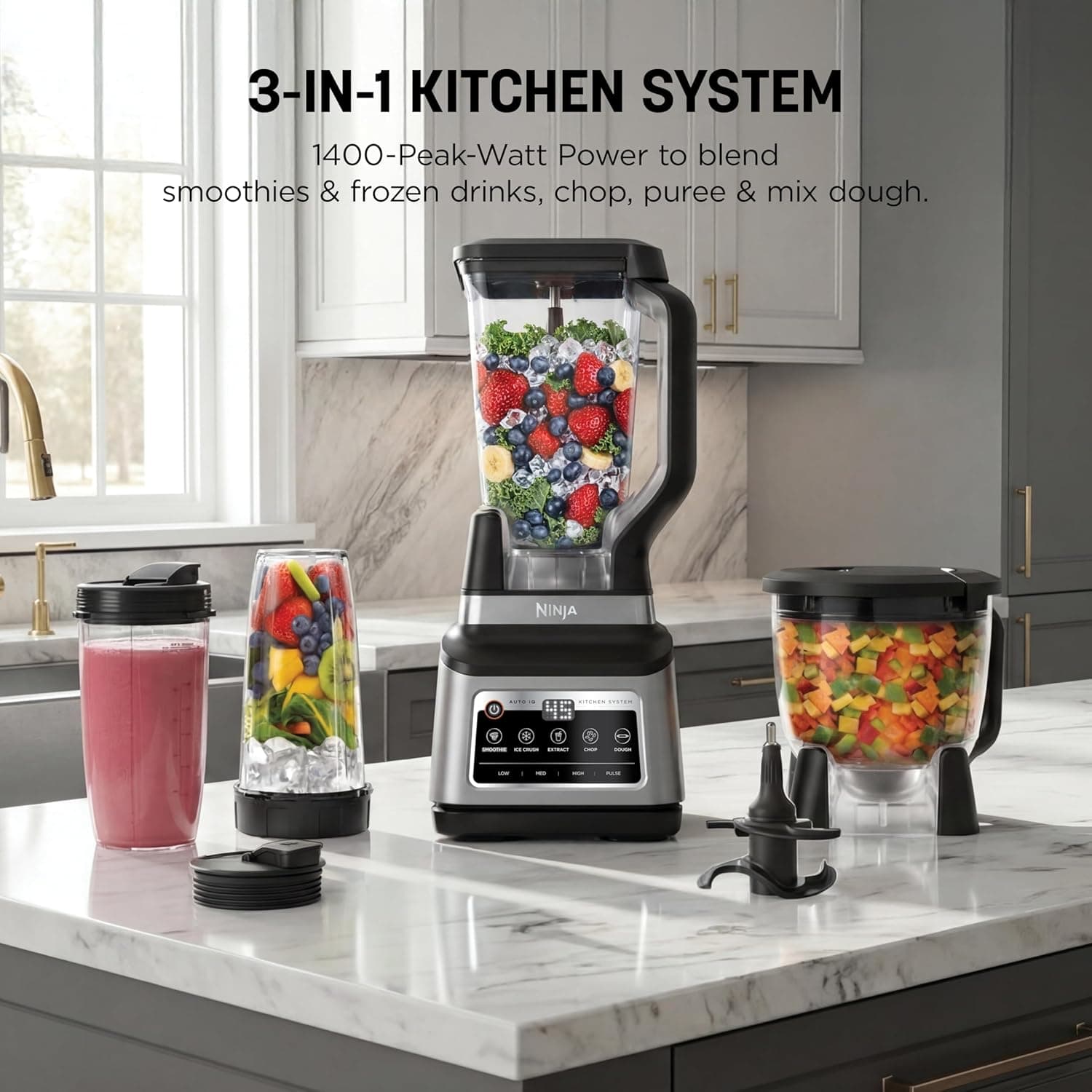 NINJA LIQUIDIFICADOR 1200 W, 5 Funções para Smoothies, Picar, Massa e Mais com Auto IQ, Jarra 2,2L, Jarra de Processador de 2L e 1 Copo para Levar, Cinza - Imagem 3