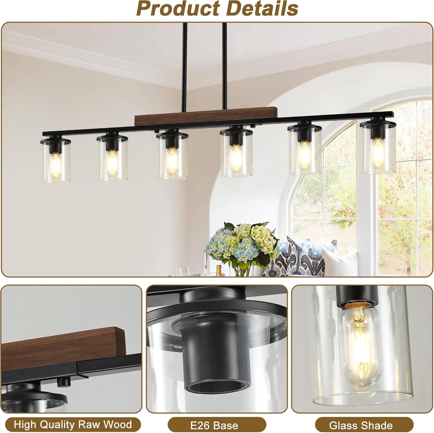 Luminárias de ilha de cozinha de 118 cm, lustre de 6 luzes para sala de jantar sobre mesa, luminária pendente de teto de madeira rústica moderna preta, com sombra de vidro transparente, lustre de - Imagem 4