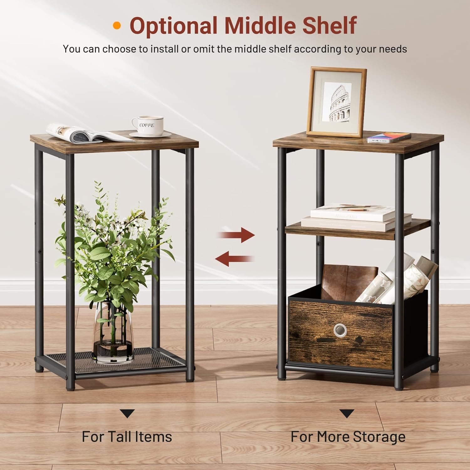 KIMBORA Mesa lateral pequena de 3 níveis com cesta de armazenamento, mesas de canto de sala de estar para espaços pequenos, mesa de cabeceira para quarto, sofá de sofá, marrom rústico e preto clássico - Imagem 4