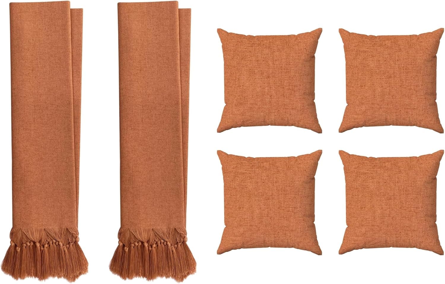 Kit 2 Mantas Para Sofá Terracota Em Linho Luxo + 4 Capas De Almofadas