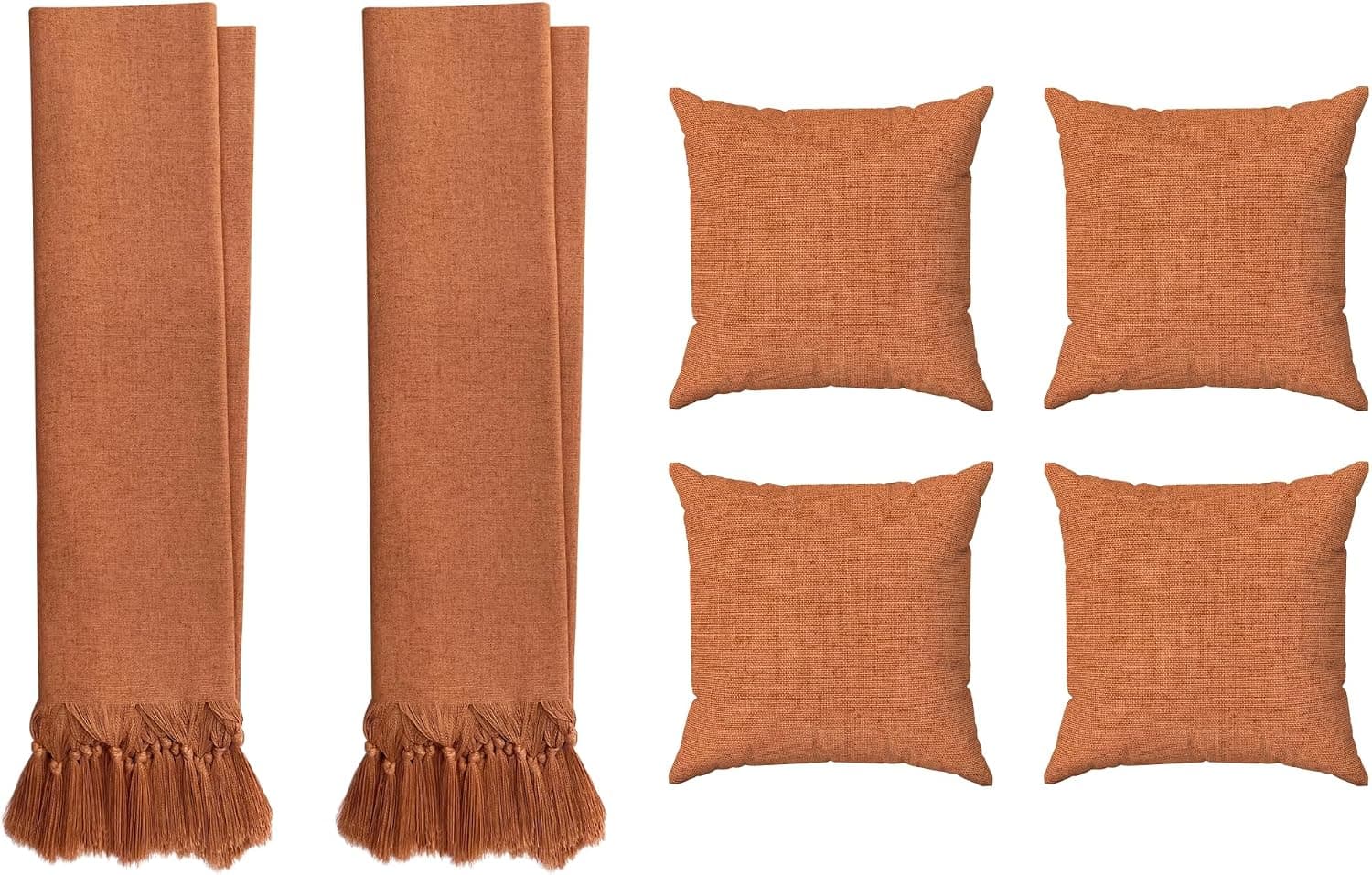 Kit 2 Mantas Para Sofá Terracota Em Linho Luxo + 4 Capas De Almofadas