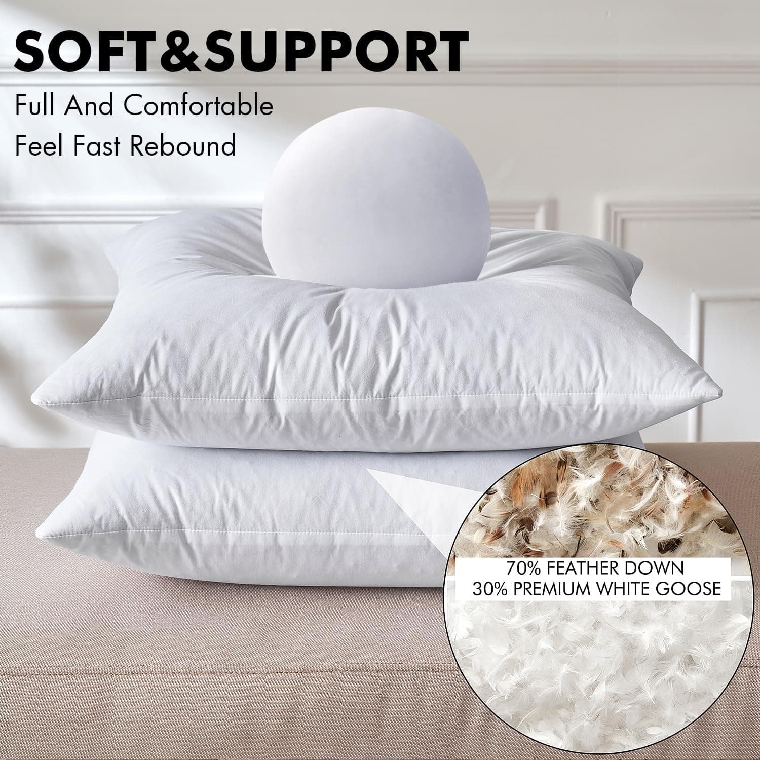 MIULEE Travesseiro europeu de penas de ganso 76 x 76 com capa 100% algodão, conjunto de 1 almofada decorativa macia e fofa para sofá-cama, sala de estar, branca - Imagem 3