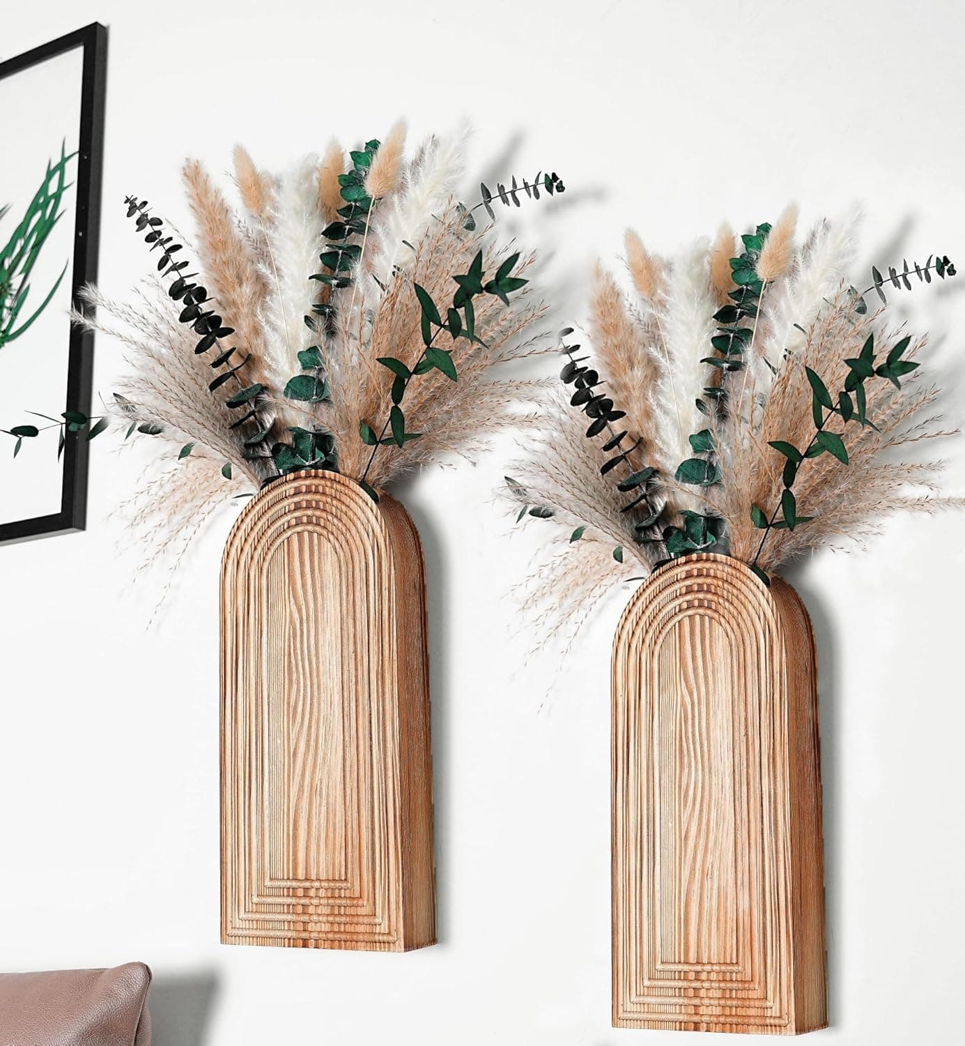 Conjunto de 2 vasos de madeira com grama de pampa e eucalipto – decoração boho para sala de estar, entrada de fazenda moderna ou banheiro, arte rústica para decoração de casa