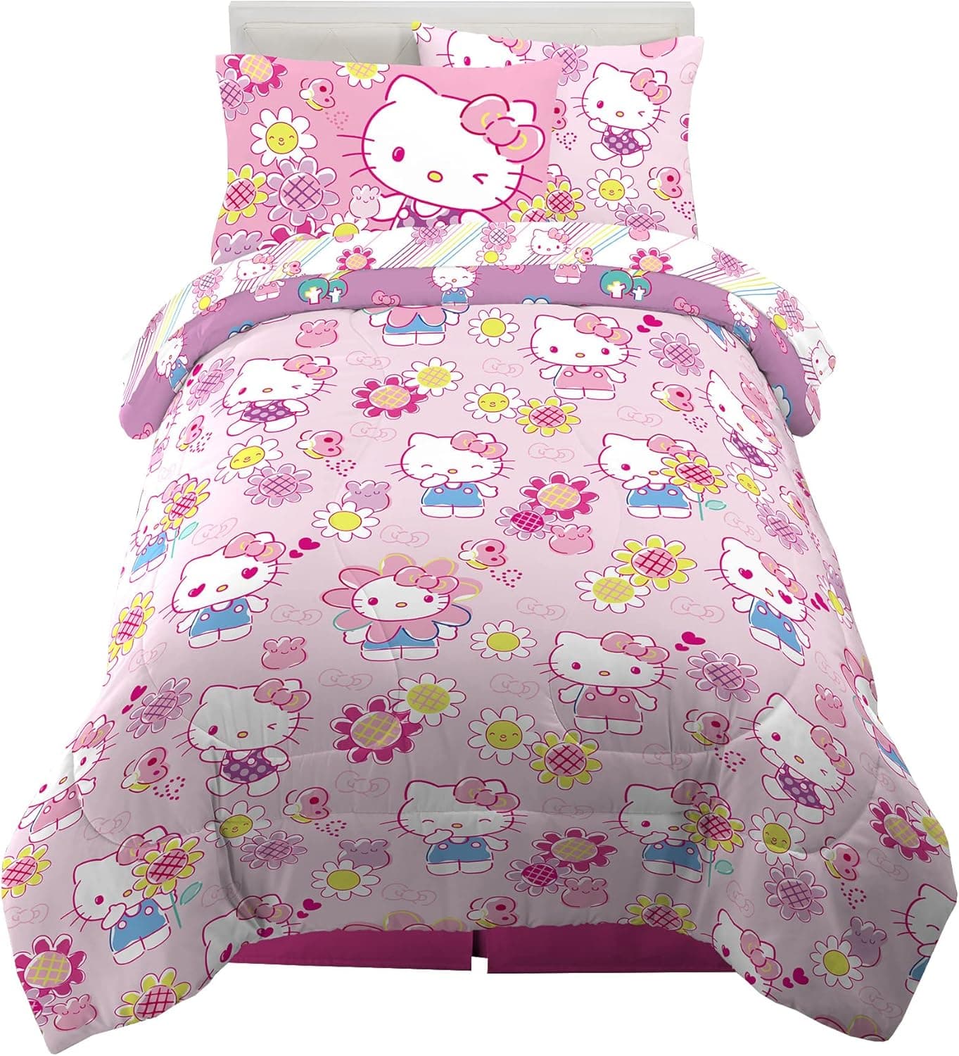 Franco Conjunto de edredom e lençol super macios com fronha, 5 peças de tamanho solteiro, Hello Kitty