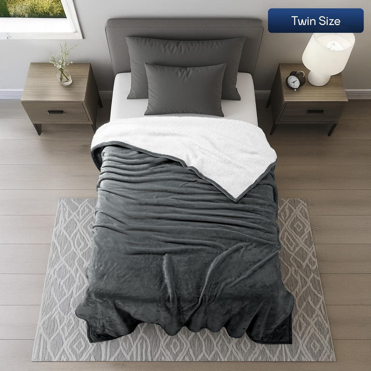 Utopia Bedding Cobertor de lã de ovelha tamanho solteiro (cinza, 152 x 203 cm) - Cobertor reversível de lã de pelúcia suave para cama, sofá, acampamento e viagens - Imagem 3
