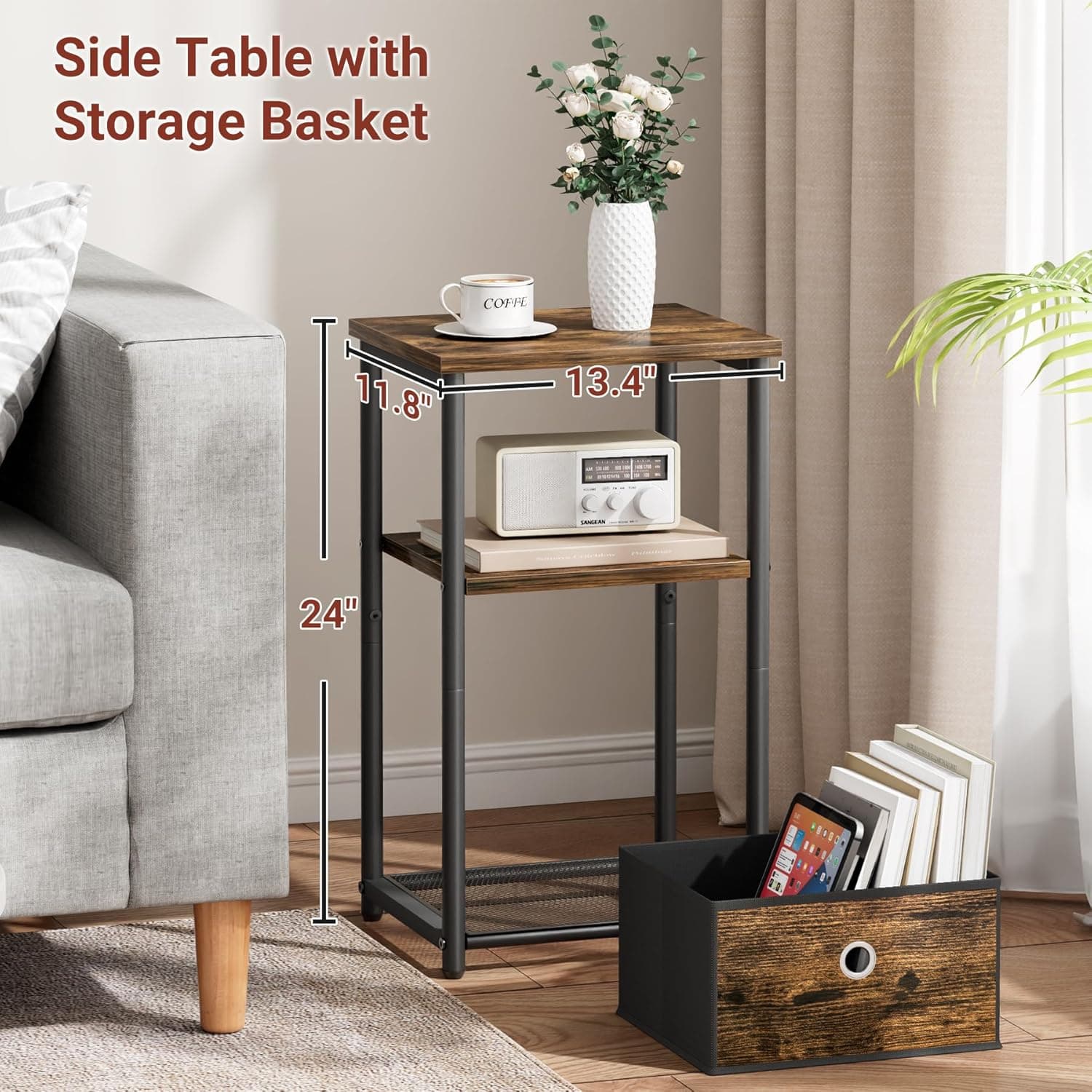 KIMBORA Mesa lateral pequena de 3 níveis com cesta de armazenamento, mesas de canto de sala de estar para espaços pequenos, mesa de cabeceira para quarto, sofá de sofá, marrom rústico e preto clássico - Imagem 3