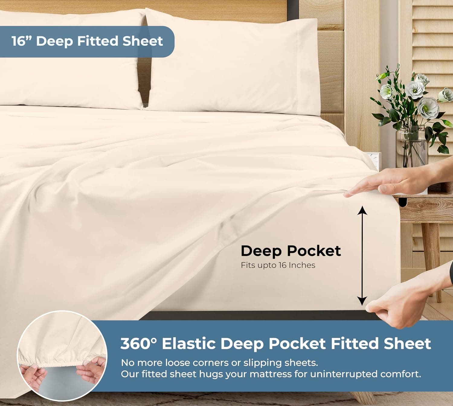 ROYALE LINENS Jogo de lençol solteiro 100% algodão orgânico - tecido percal - conjunto de 3 peças - 1 lençol de cima, 1 lençol com elástico profundo e 1 fronha - Lençóis de cama creme - solteiro - Imagem 4