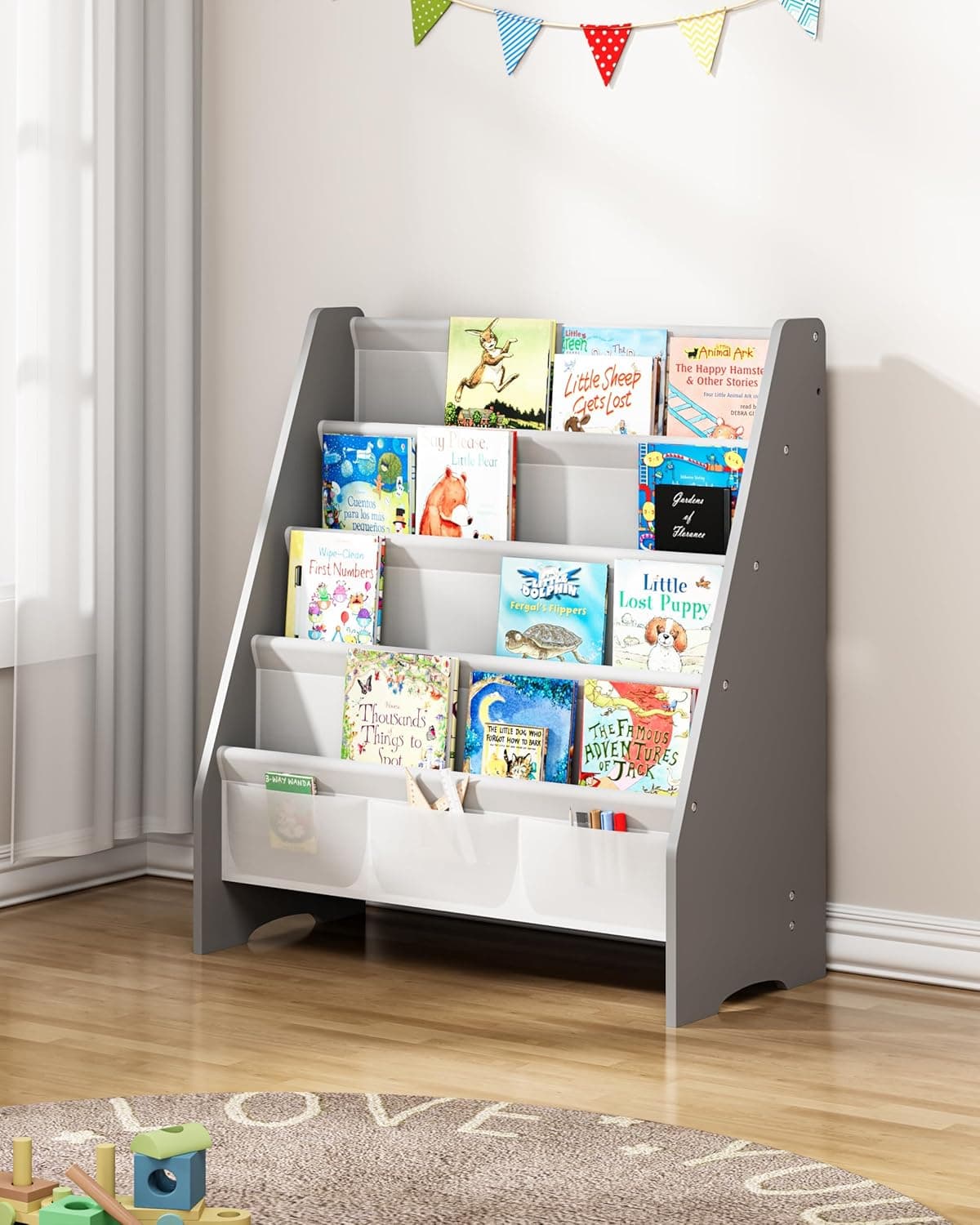SEIRIONE Estante infantil resistente, prateleira de livros de 4 camadas para quarto de crianças com tecido Oxford à prova de rasgos - berçário, sala de jogos, sala de aula, tiras profundas para manter