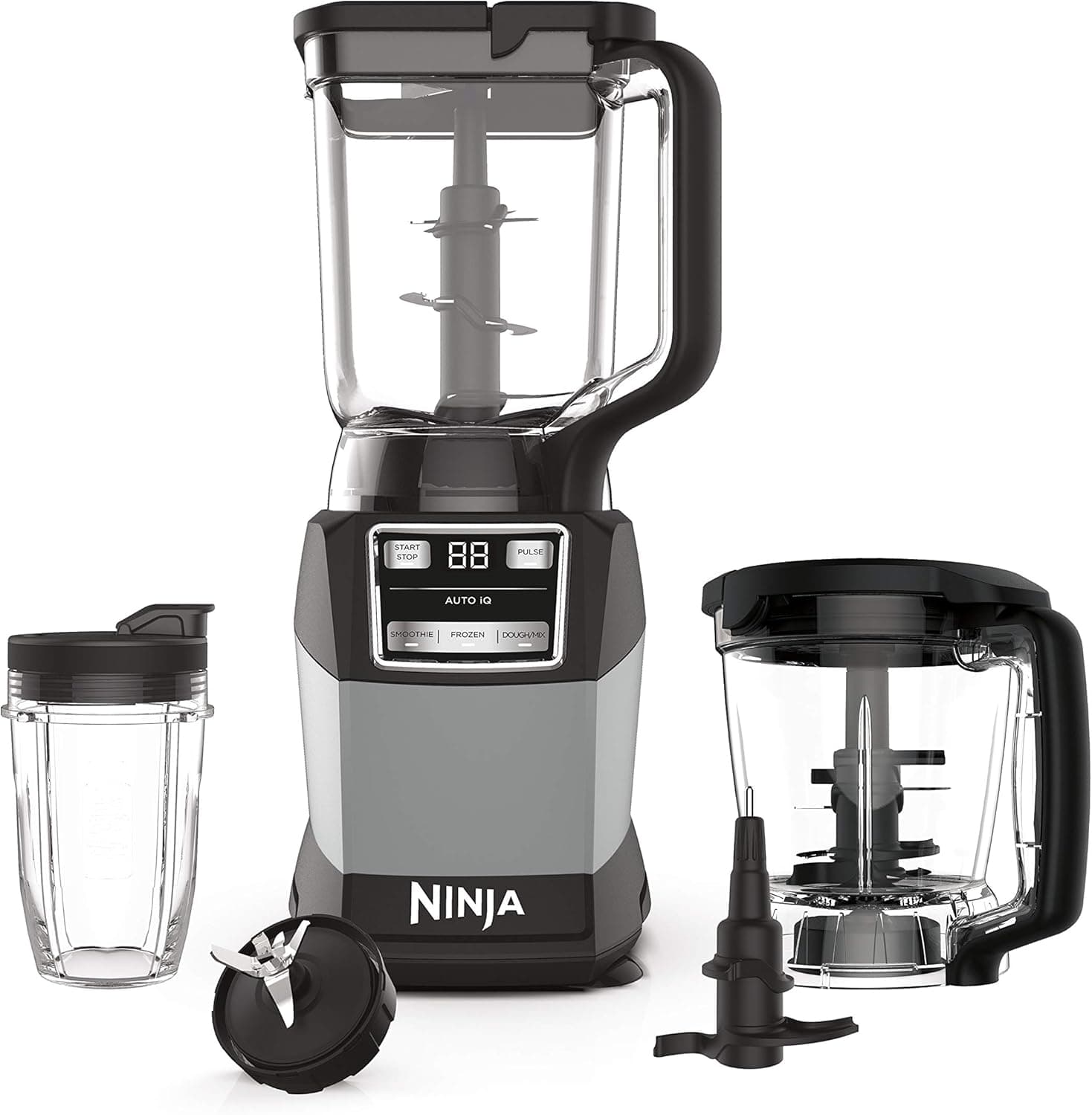 Liquidificador Ninja, sistema compacto de cozinha, 1200 W, 3 funções, smoothies, massas e bebidas congeladas, Auto-IQ, 2 L; jarra de 1 L Tigela de 530 ml Copo dose única, cinza, AMZ493BRN