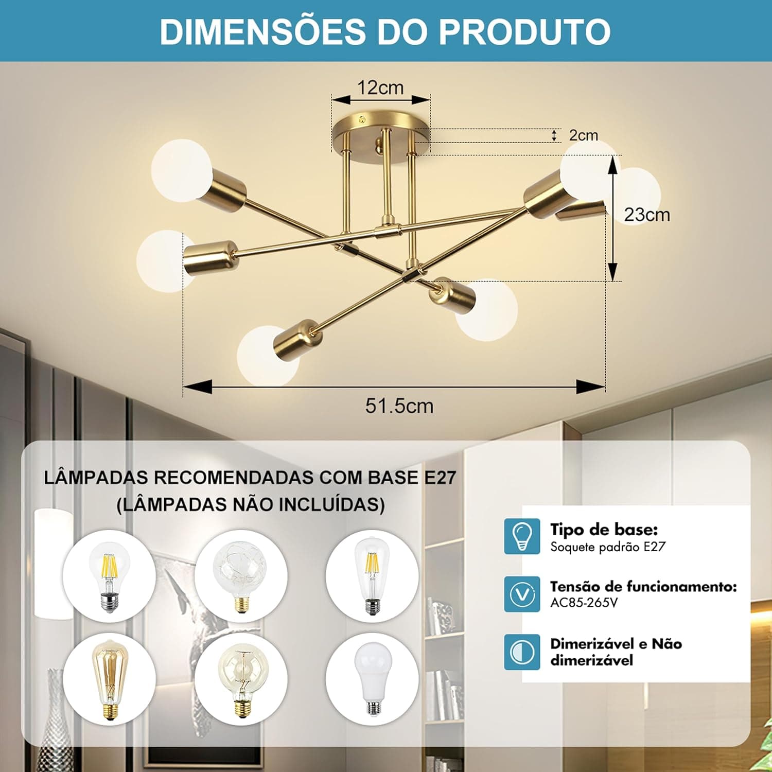 Luminária Pendente De 6 Cabeças Dourada, Pendente LumináriaDe Teto Regulável, Luminária Pendente Para Cozinha, Quarto, Sala De Estar (Lâmpada Não Incluída) - Imagem 3