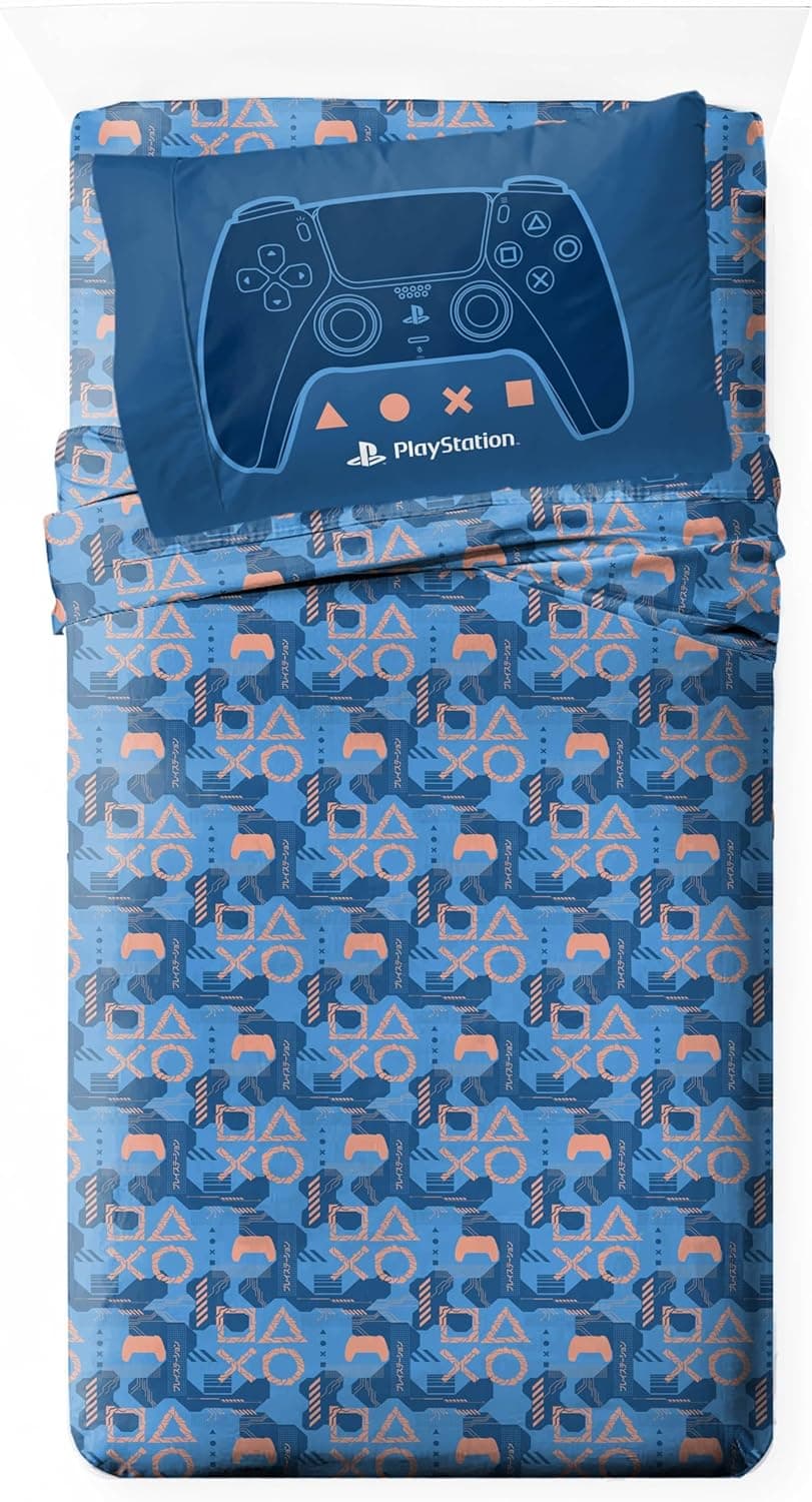 Jay Franco Jogo de lençol infantil de desenho animado com elástico, lençol de cima e capa de travesseiro - roupa de cama ultramacia com fronha para decoração de quarto, azul - PlayStation, 3 peças
