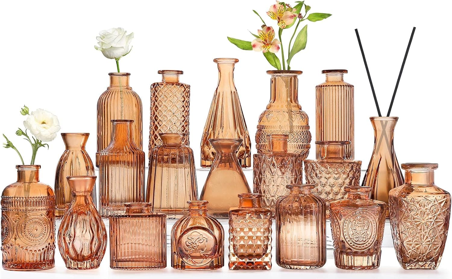 Vasos de vidro âmbar, conjunto de 20 para flores, pequenos vasos de botão âmbar a granel para decoração de centros de mesa, mini conjunto de vidro para decoração de mesa de casa