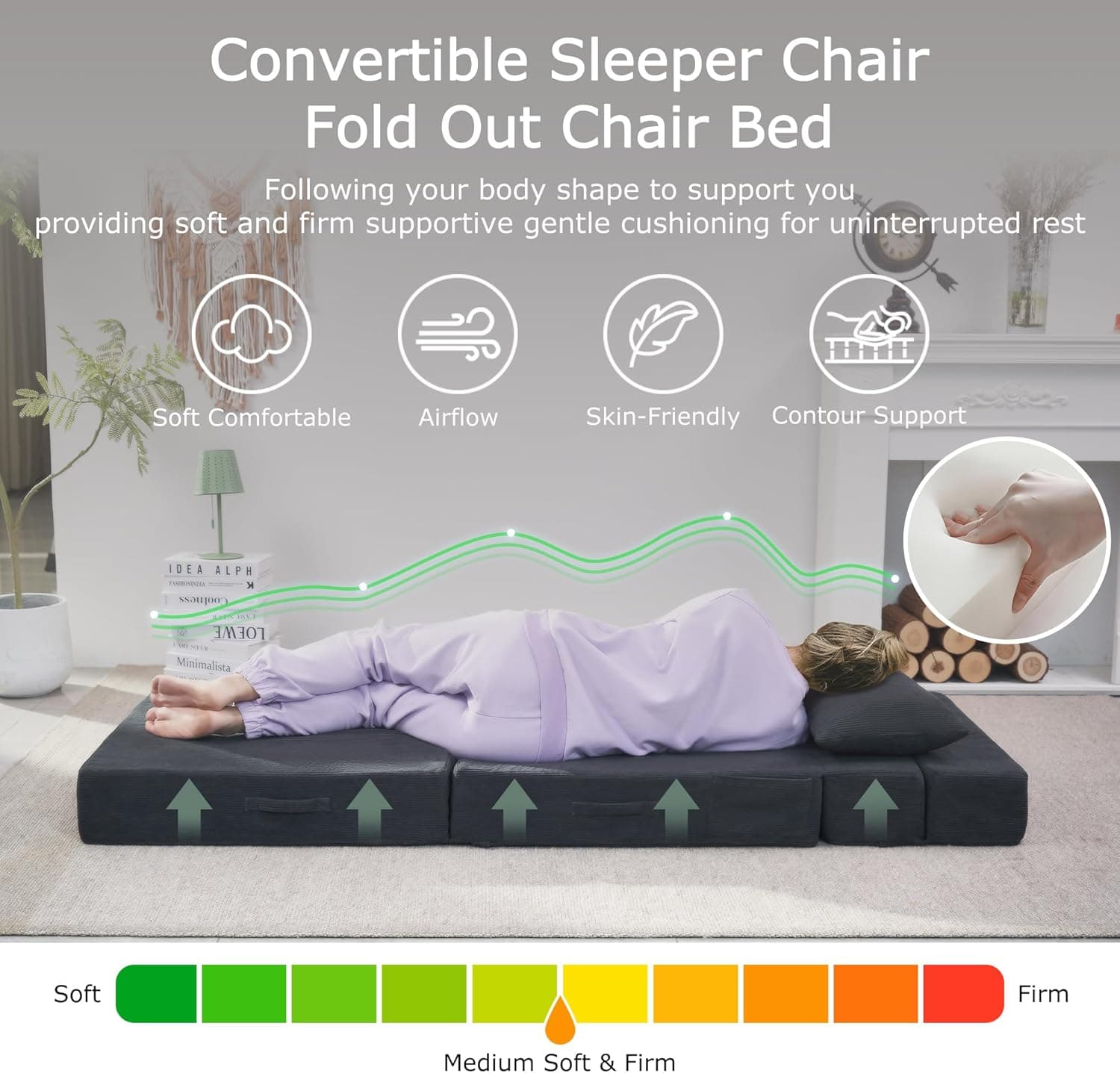 Sofá-Cama Dobrável 4 Em 1 Com Travesseiro, Sofá-Cama Dobrável De Espuma Viscoelástica Para Solteiro, Sofá-Cama Futon Moderno Para Sala De Estar/Quarto De Hóspedes/Apartamento, Cinza Escuro - Imagem 4