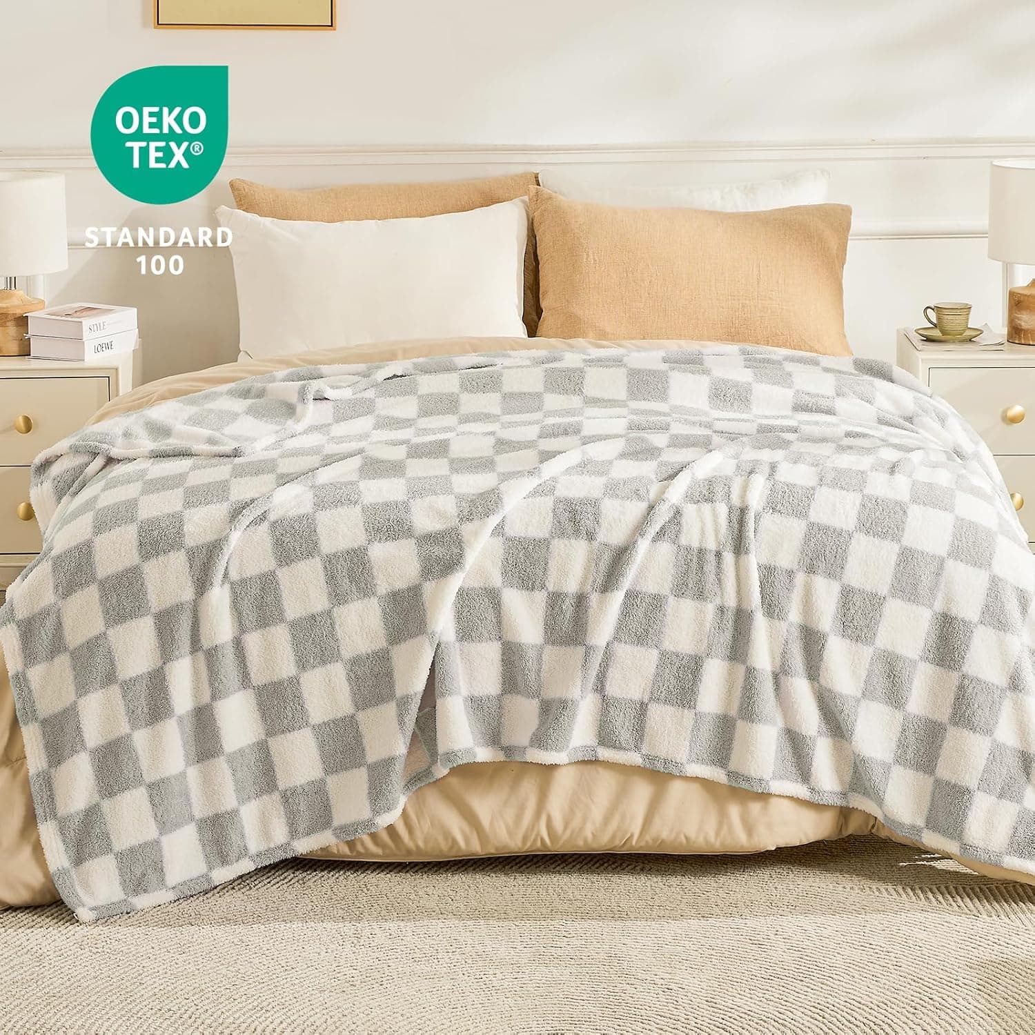 EMME Cobertor xadrez tamanho solteiro - 152 cm x 203 cm cinza macio macio cobertor quente para sofá, cadeira, cama, acampamento, piquenique, viagem leve - Imagem 4