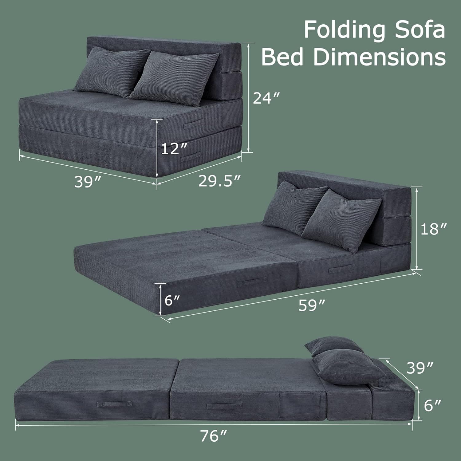 Sofá-Cama Dobrável 4 Em 1 Com Travesseiro, Sofá-Cama Dobrável De Espuma Viscoelástica Para Solteiro, Sofá-Cama Futon Moderno Para Sala De Estar/Quarto De Hóspedes/Apartamento, Cinza Escuro - Imagem 3