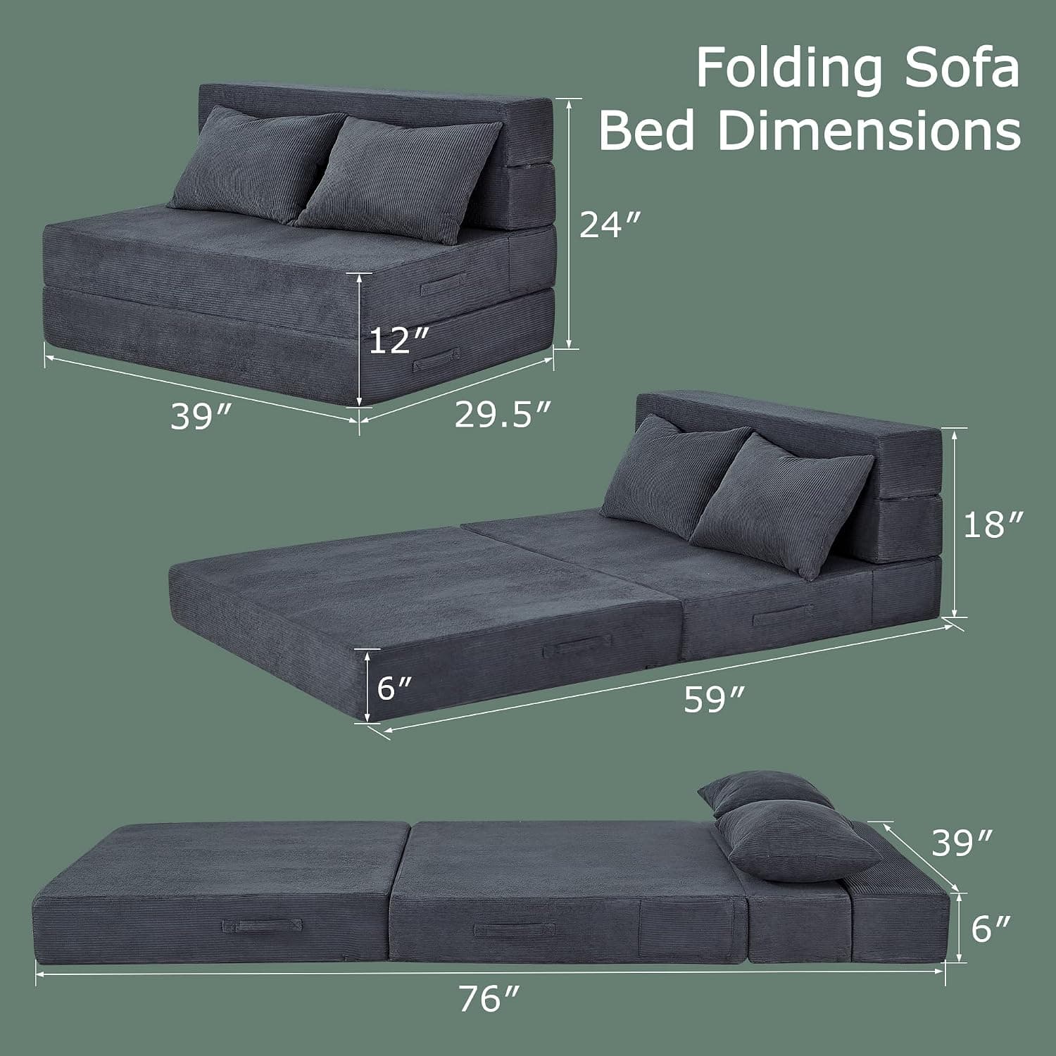 Sofá-Cama Dobrável 4 Em 1 Com Travesseiro, Sofá-Cama Dobrável De Espuma Viscoelástica Para Solteiro, Sofá-Cama Futon Moderno Para Sala De Estar/Quarto De Hóspedes/Apartamento, Cinza Escuro - Imagem 3